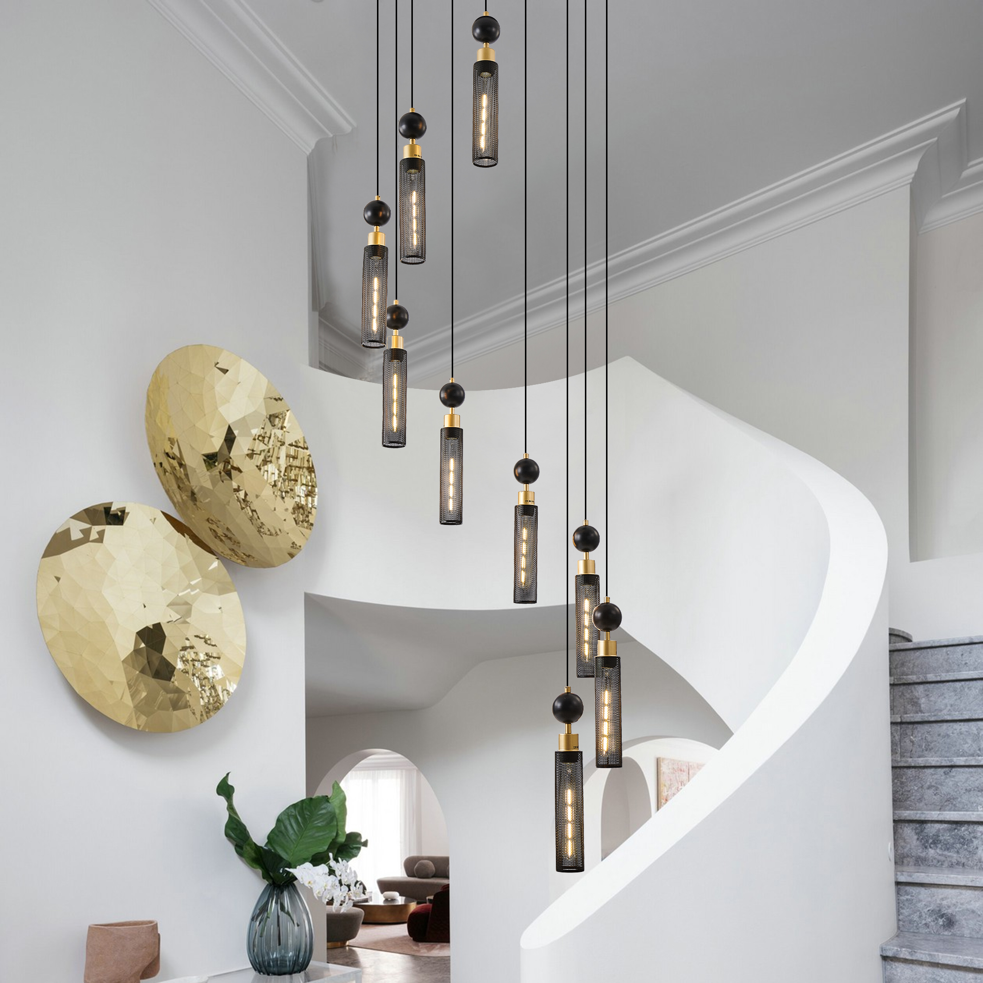 24″ Modern Industrial Multi-Light Pendant Chandelier – 9-Light Black and Gold Adjustable Ceiling Light Fixture with Mesh Cylinder Shades for Living Room, Dining Room, or Staircase (Bulb Not Included)