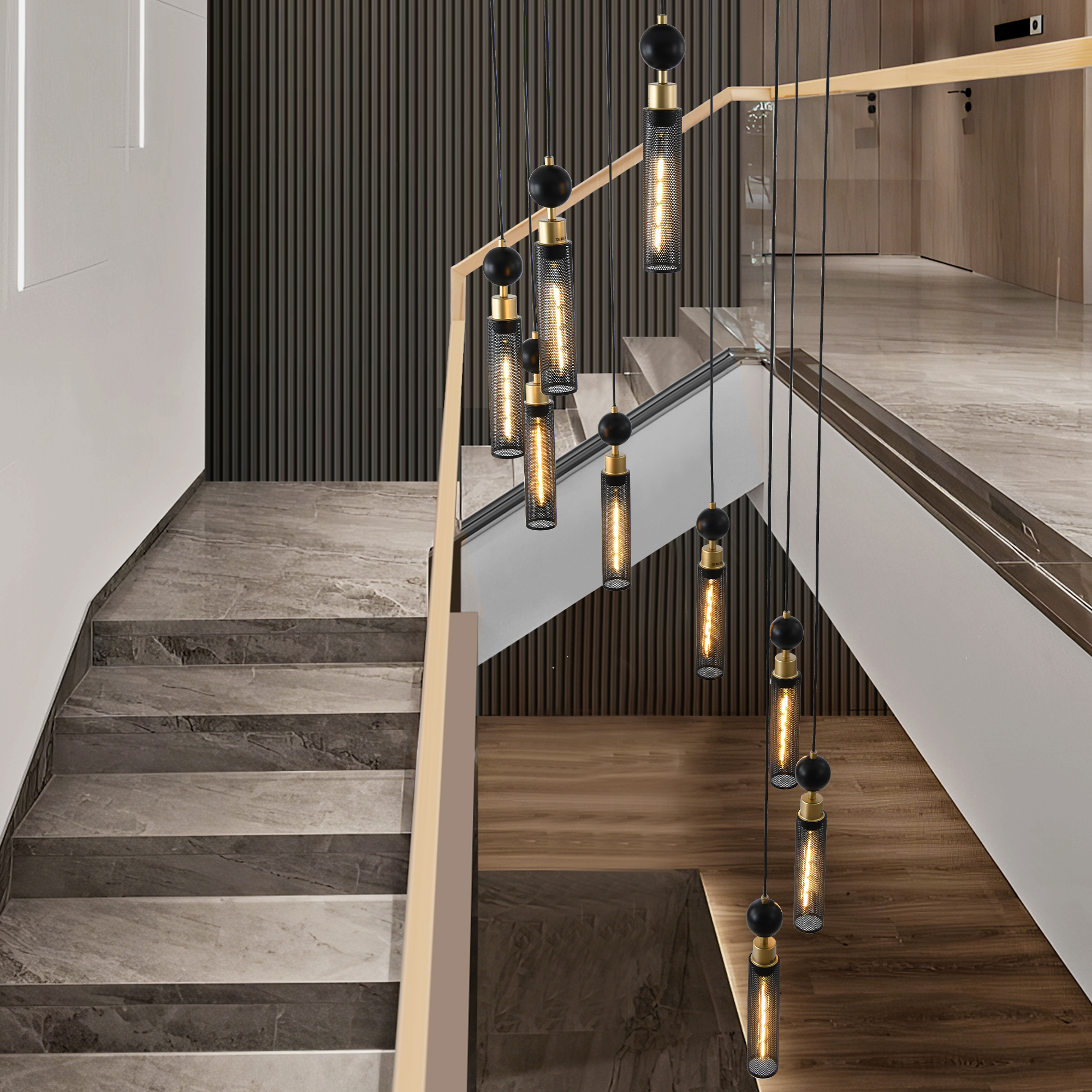 24" Modern Industrial Multi-Light Pendant Chandelier - 9-Light Black and Gold Adjustable Ceiling Light Fixture with Mesh Cylinder Shades for Living Room, Dining Room, or Staircase (Bulb Not Included) - Image 3