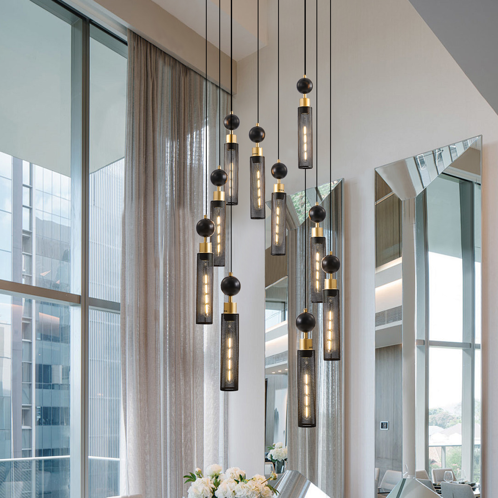24" Modern Industrial Multi-Light Pendant Chandelier - 9-Light Black and Gold Adjustable Ceiling Light Fixture with Mesh Cylinder Shades for Living Room, Dining Room, or Staircase (Bulb Not Included) - Image 4