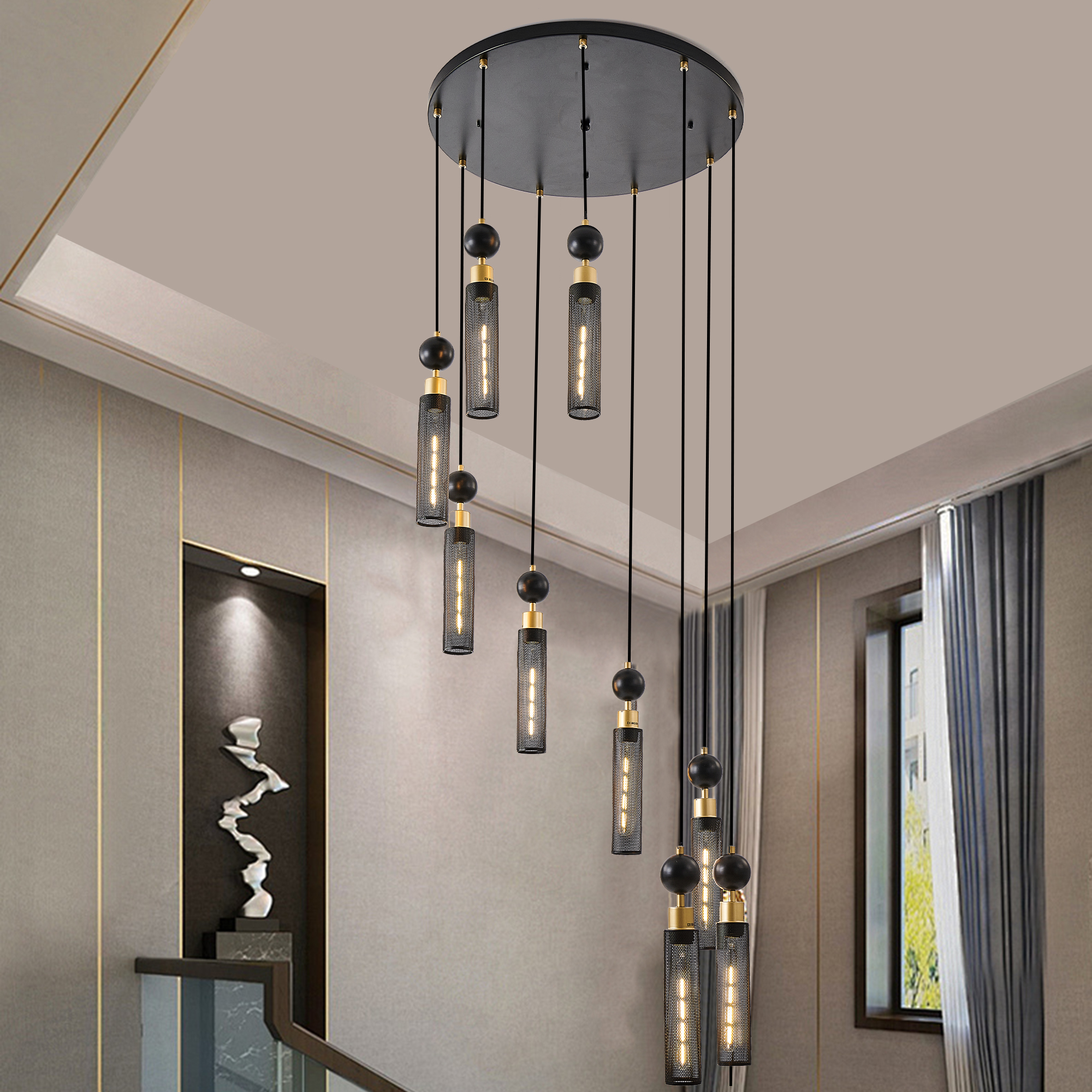 24" Modern Industrial Multi-Light Pendant Chandelier - 9-Light Black and Gold Adjustable Ceiling Light Fixture with Mesh Cylinder Shades for Living Room, Dining Room, or Staircase (Bulb Not Included) - Image 5