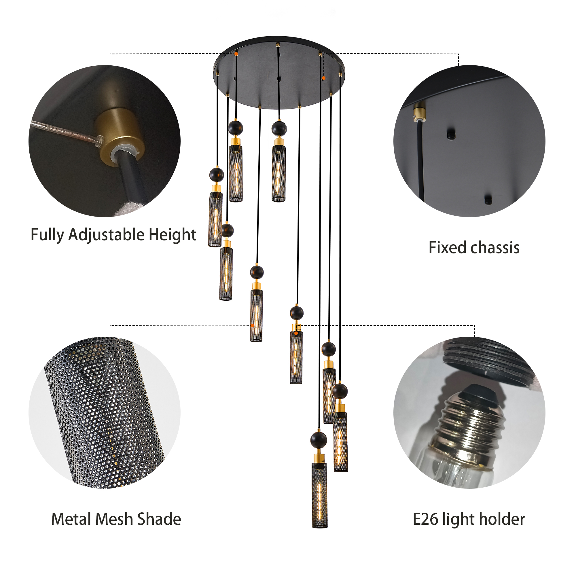 24" Modern Industrial Multi-Light Pendant Chandelier - 9-Light Black and Gold Adjustable Ceiling Light Fixture with Mesh Cylinder Shades for Living Room, Dining Room, or Staircase (Bulb Not Included) - Image 6