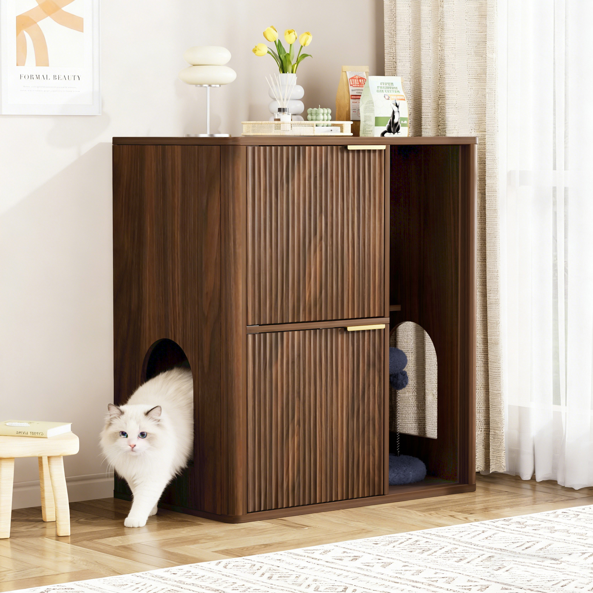 31.5-inch Walnut Cat Litter Cabinet with Cat Tree - Grooved Concealed Litter Furniture Featuring Dual Cat Doors and Storage Shelves, Versatile Pet Cabinet for Living Rooms or Bedrooms - Image 2