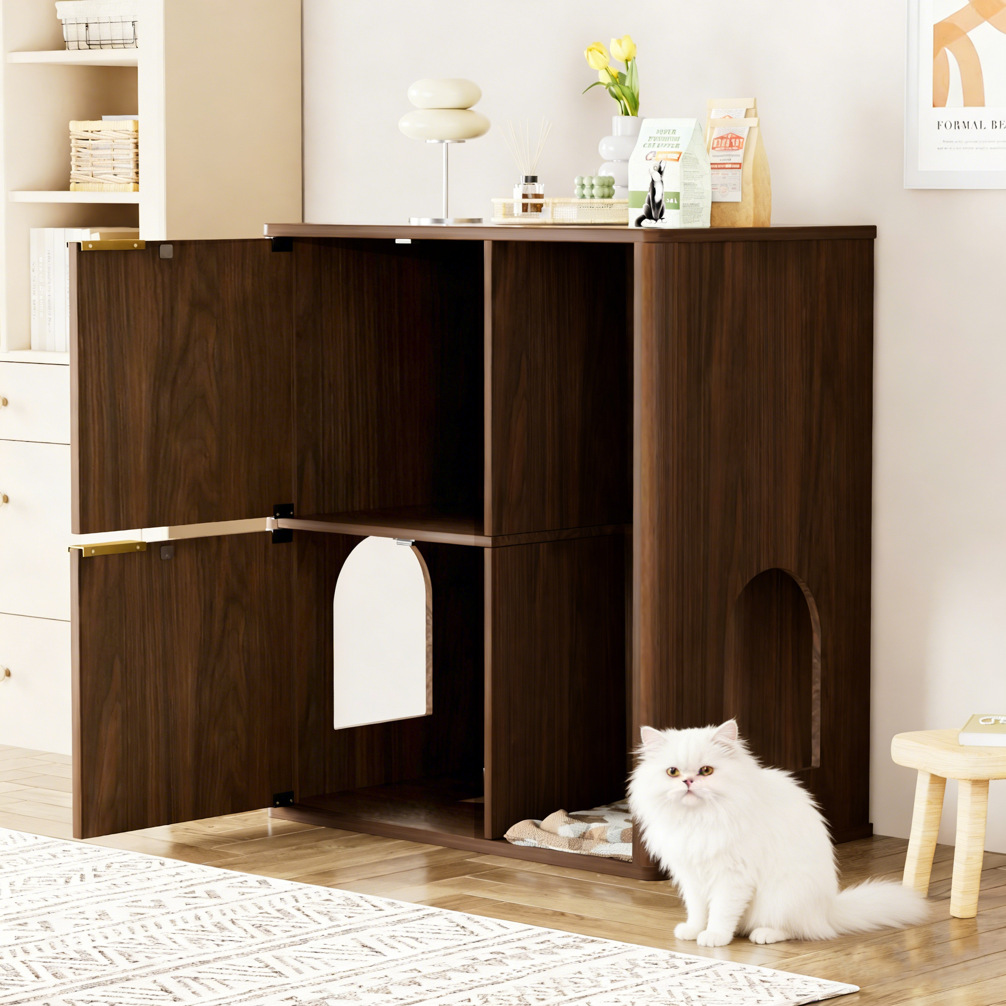 31.5-inch Walnut Cat Litter Cabinet with Cat Tree - Grooved Concealed Litter Furniture Featuring Dual Cat Doors and Storage Shelves, Versatile Pet Cabinet for Living Rooms or Bedrooms - Image 3