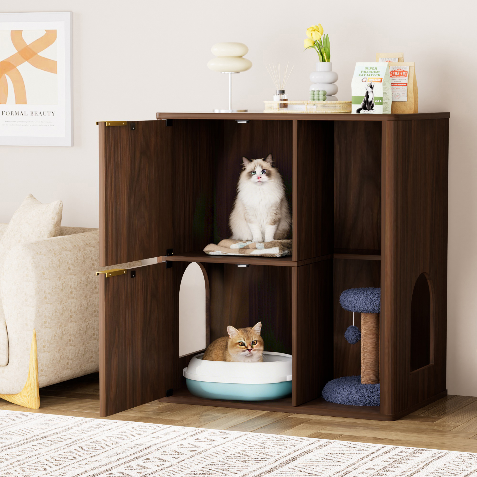 31.5-inch Walnut Cat Litter Cabinet with Cat Tree - Grooved Concealed Litter Furniture Featuring Dual Cat Doors and Storage Shelves, Versatile Pet Cabinet for Living Rooms or Bedrooms - Image 4