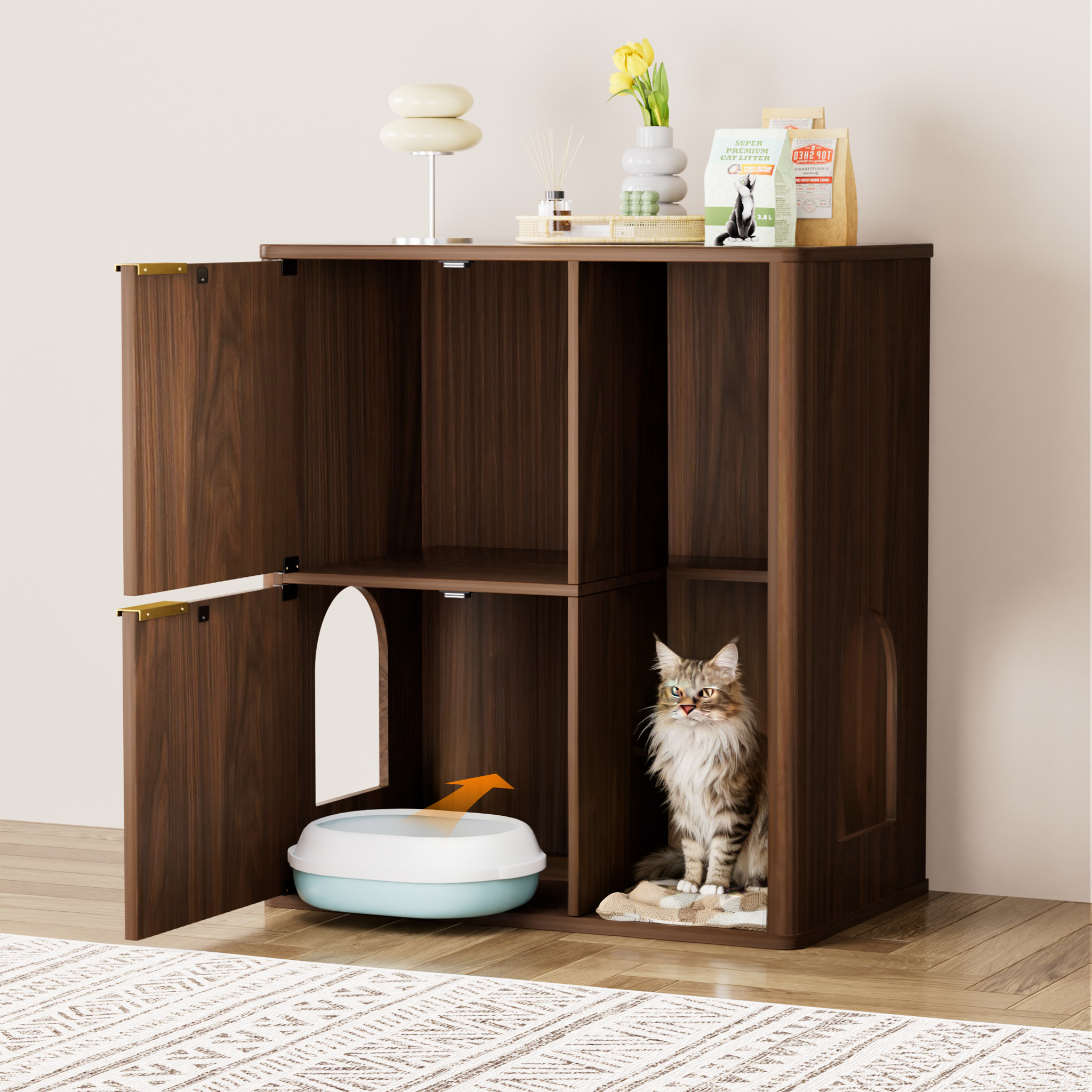 31.5-inch Walnut Cat Litter Cabinet with Cat Tree - Grooved Concealed Litter Furniture Featuring Dual Cat Doors and Storage Shelves, Versatile Pet Cabinet for Living Rooms or Bedrooms - Image 5