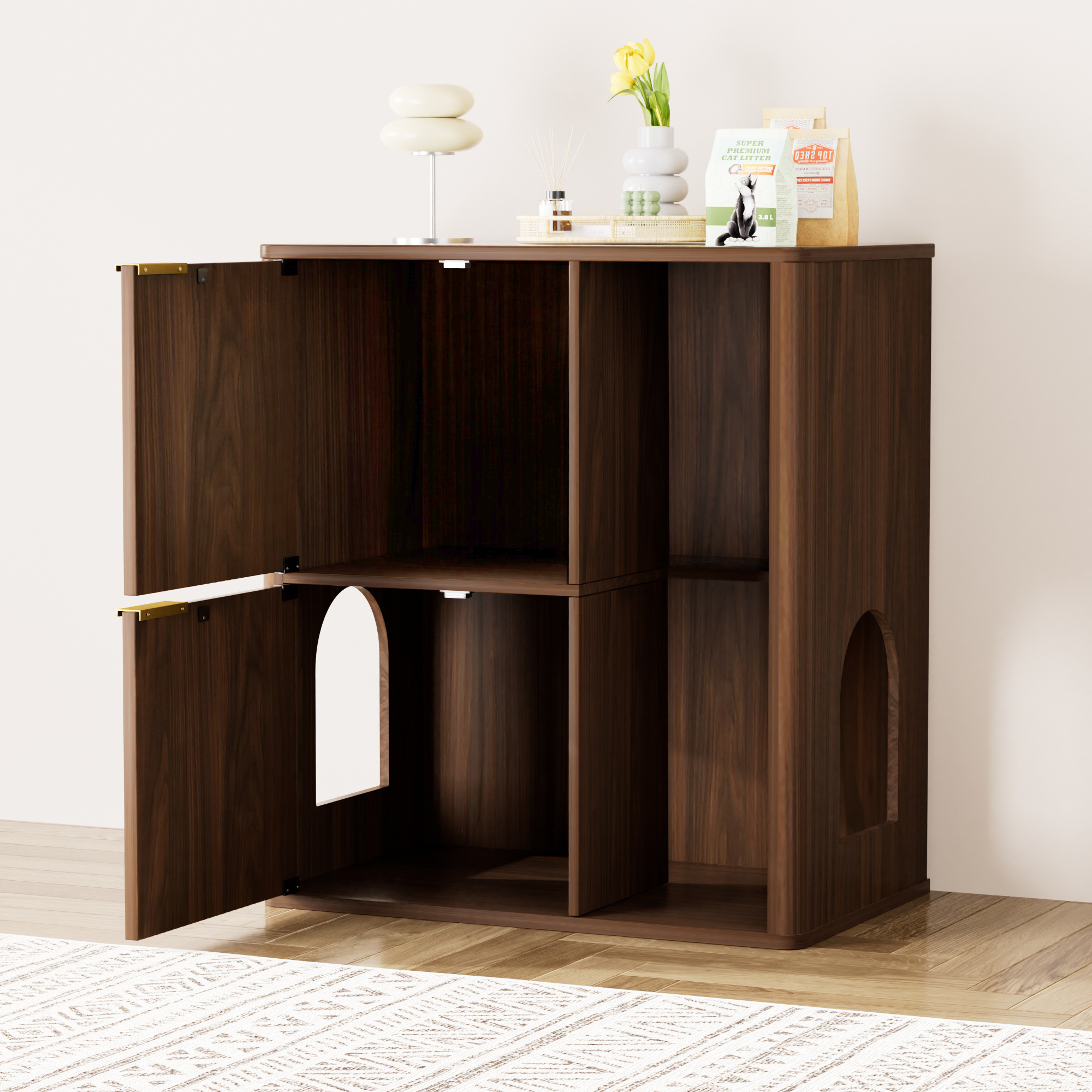 31.5-inch Walnut Cat Litter Cabinet with Cat Tree - Grooved Concealed Litter Furniture Featuring Dual Cat Doors and Storage Shelves, Versatile Pet Cabinet for Living Rooms or Bedrooms - Image 6