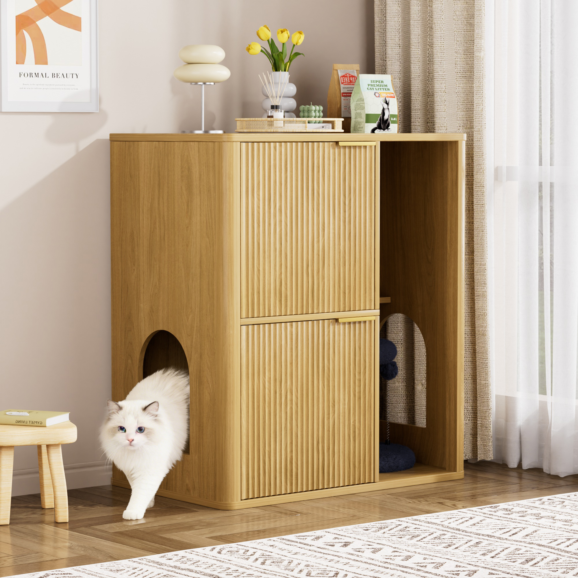 31.5-inch Light Wood Cat Litter Cabinet with Cat Tree - Grooved Concealed Litter Furniture Featuring Dual Cat Doors and Storage Shelves, Versatile Pet Cabinet for Living Rooms or Bedrooms - Image 2
