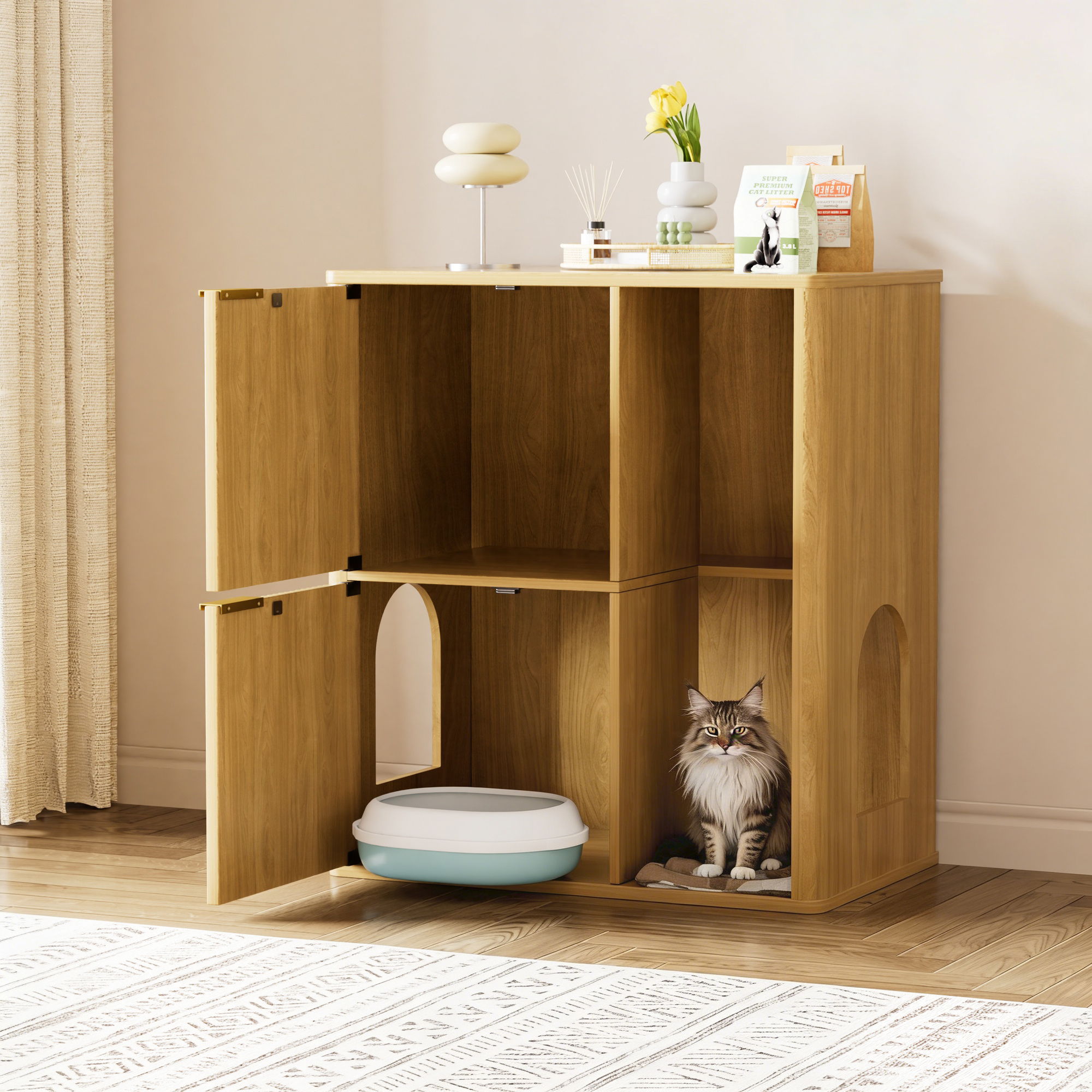 31.5-inch Light Wood Cat Litter Cabinet with Cat Tree - Grooved Concealed Litter Furniture Featuring Dual Cat Doors and Storage Shelves, Versatile Pet Cabinet for Living Rooms or Bedrooms - Image 3