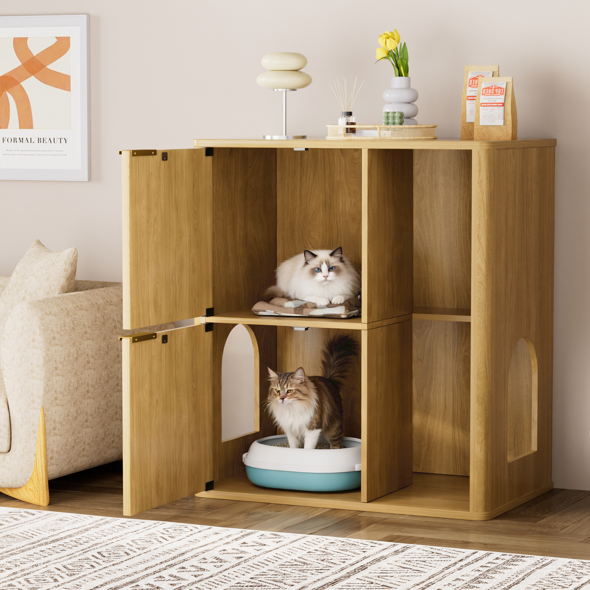 31.5-inch Light Wood Cat Litter Cabinet with Cat Tree - Grooved Concealed Litter Furniture Featuring Dual Cat Doors and Storage Shelves, Versatile Pet Cabinet for Living Rooms or Bedrooms - Image 4