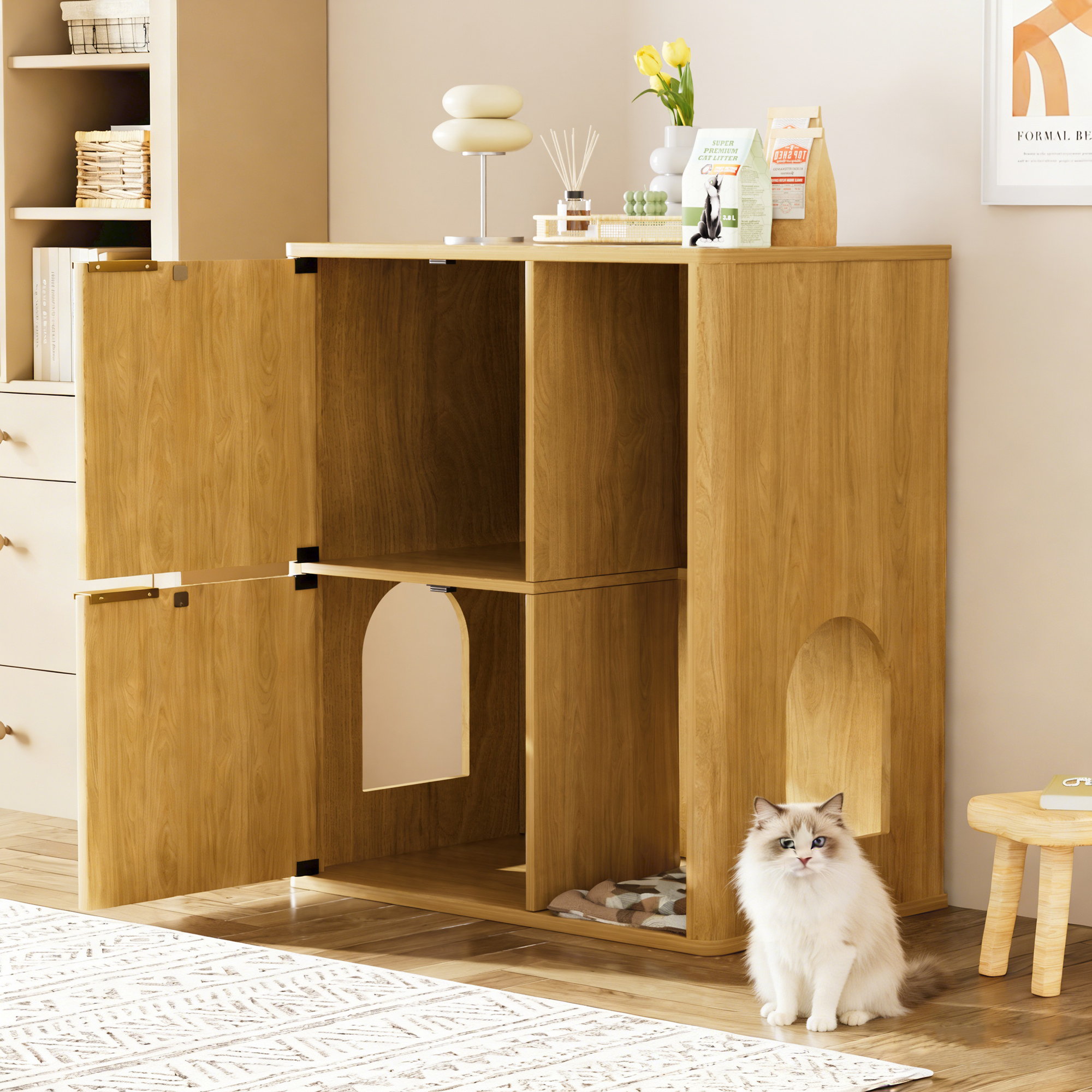 31.5-inch Light Wood Cat Litter Cabinet with Cat Tree - Grooved Concealed Litter Furniture Featuring Dual Cat Doors and Storage Shelves, Versatile Pet Cabinet for Living Rooms or Bedrooms - Image 5