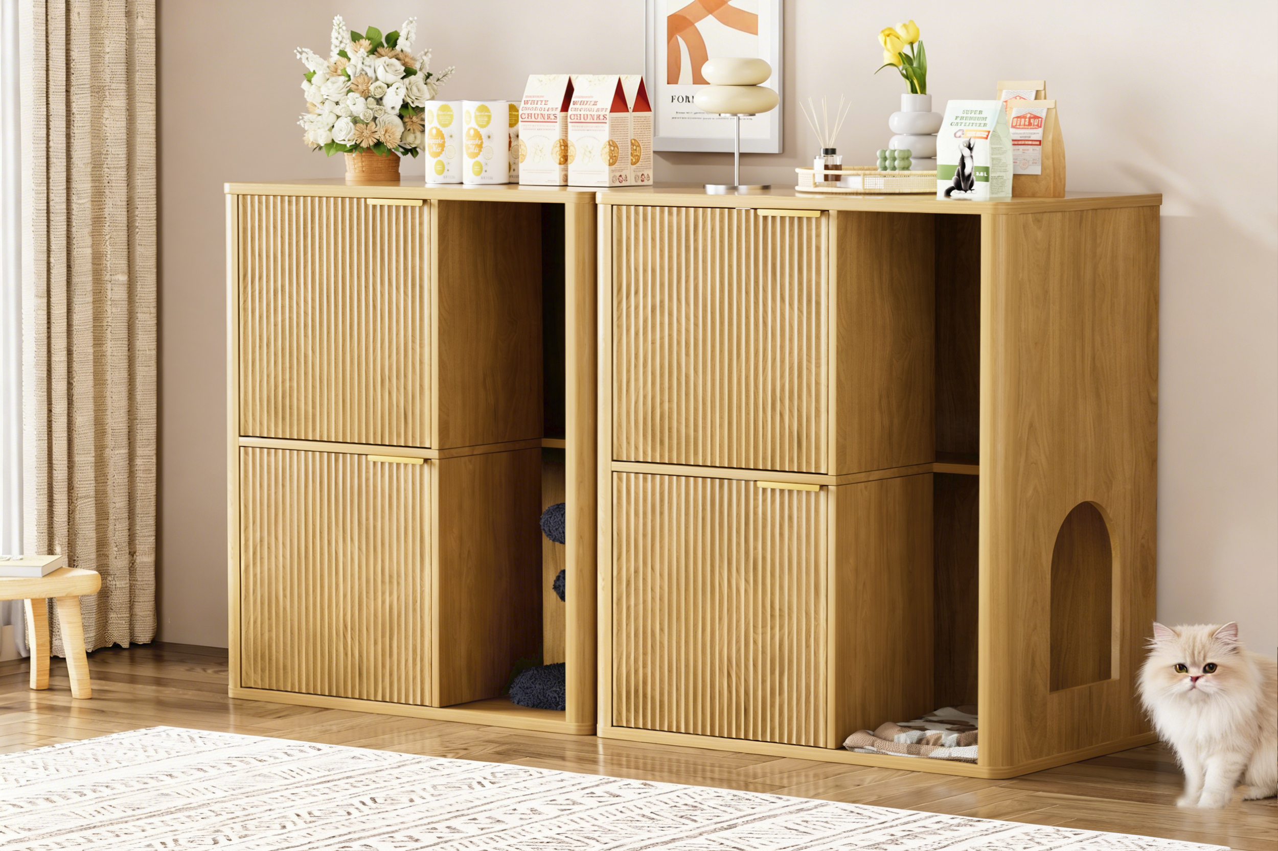 31.5-inch Light Wood Cat Litter Cabinet with Cat Tree - Grooved Concealed Litter Furniture Featuring Dual Cat Doors and Storage Shelves, Versatile Pet Cabinet for Living Rooms or Bedrooms - Image 6