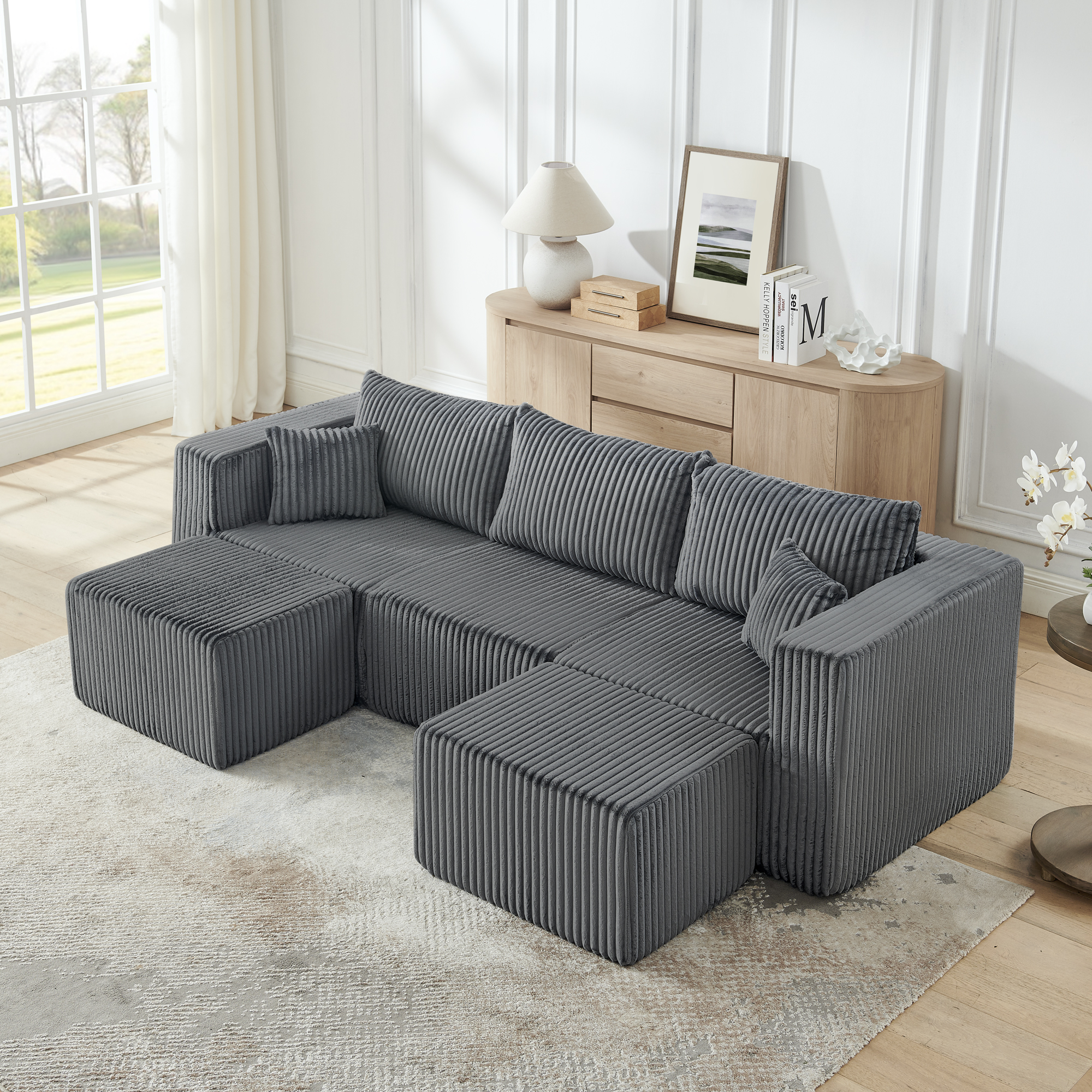 Compact modular sectional,Compressed Corduroy Sofa with Modern Minimalist Style, Ultra-Comfy Compression Modular Sofa with Space-Saving Efficient Design-Gray - Image 2