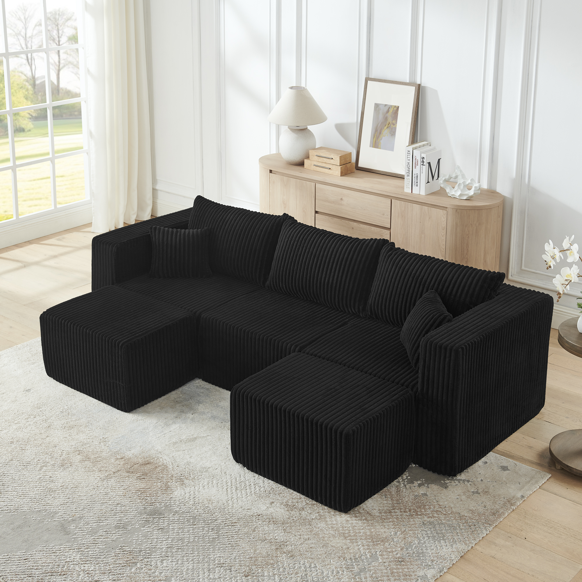 Compact modular sectional,Compressed Corduroy Sofa with Modern Minimalist Style, Ultra-Comfy Compression Modular Sofa with Space-Saving Efficient Design-Black - Image 2