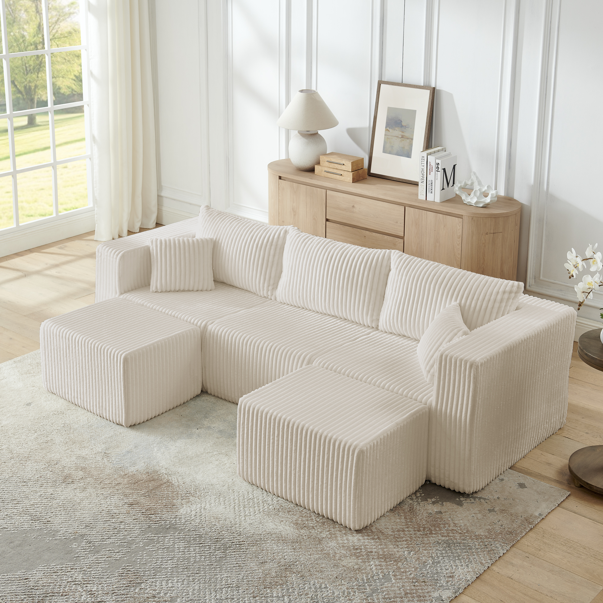 Compact modular sectional,Compressed Corduroy Sofa with Modern Minimalist Style, Ultra-Comfy Compression Modular Sofa with Space-Saving Efficient Design-Beige - Image 2