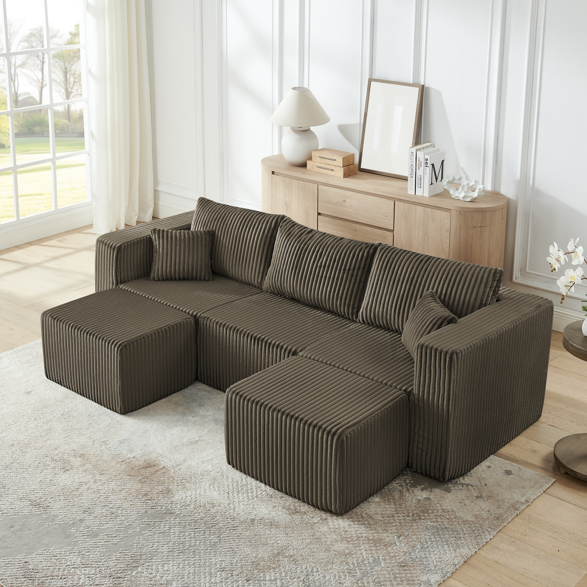 Compact modular sectional,Compressed Corduroy Sofa with Modern Minimalist Style, Ultra-Comfy Compression Modular Sofa with Space-Saving Efficient Design-Brown - Image 2