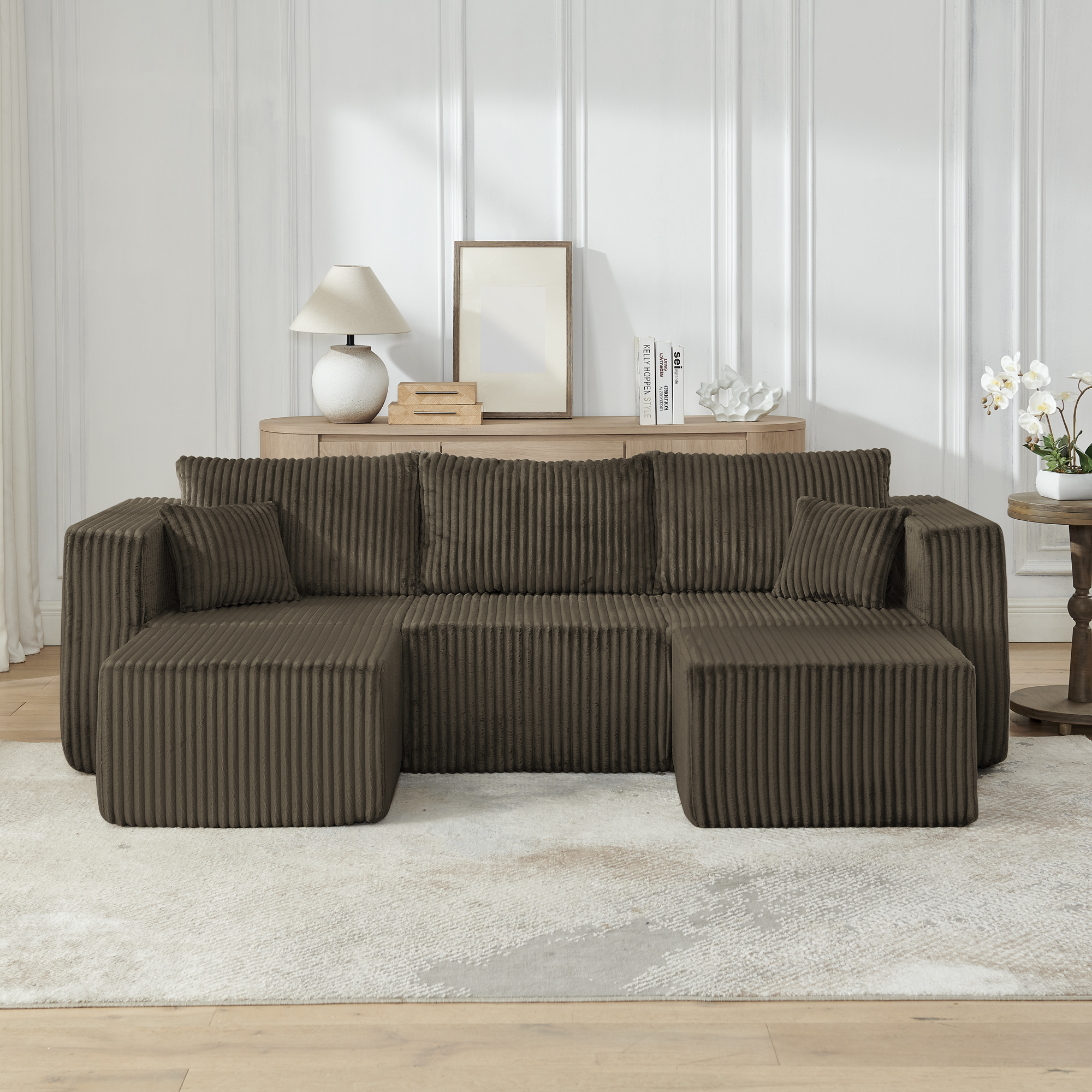 Compact modular sectional,Compressed Corduroy Sofa with Modern Minimalist Style, Ultra-Comfy Compression Modular Sofa with Space-Saving Efficient Design-Brown - Image 3