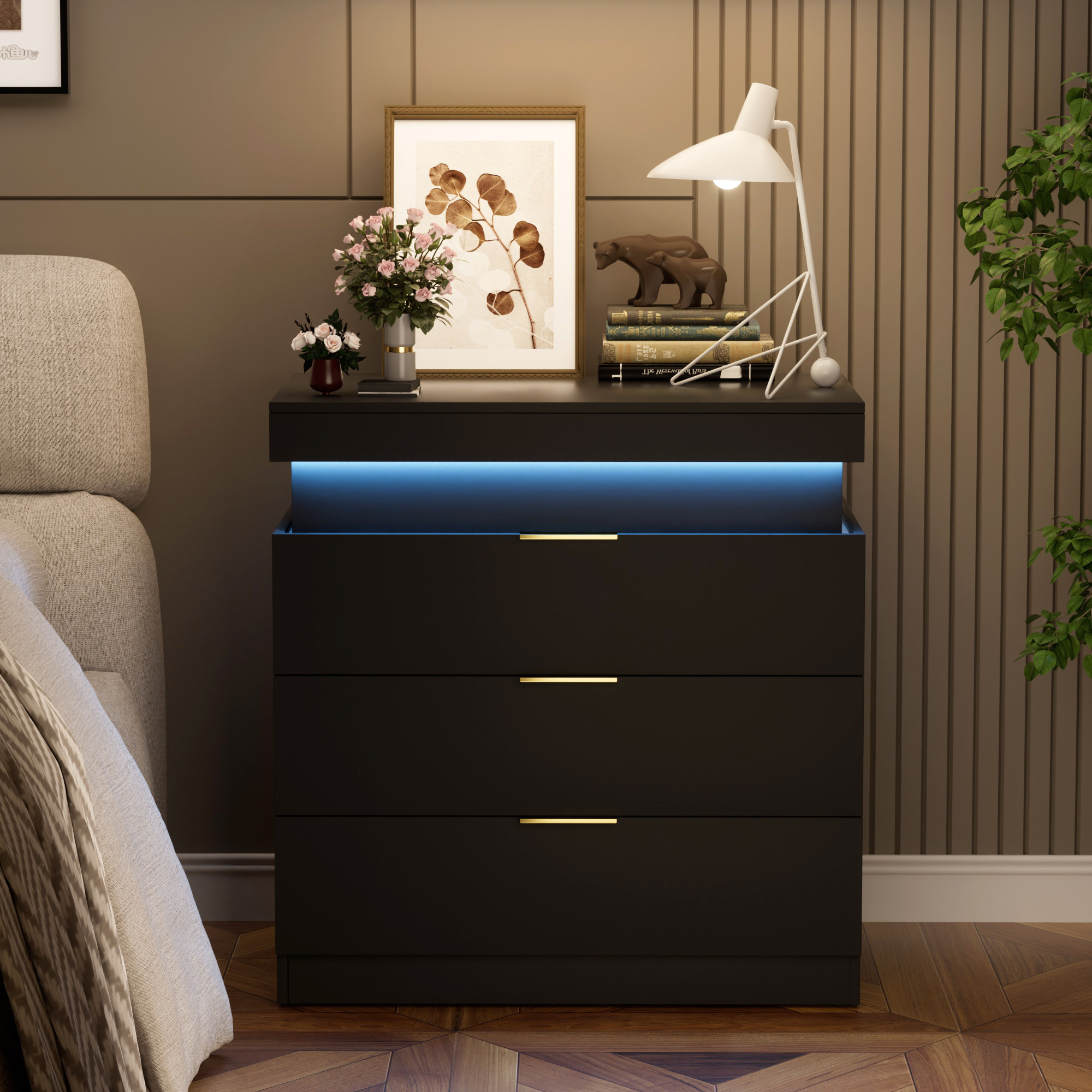 Nightstand with Charging Station and LED Lights,Night Stand with Sliding Top for Bedroom,Bedside Table with Drawers,Modern End Side Table,Black.28.8''W x 17''D x 30.5''H. - Image 2