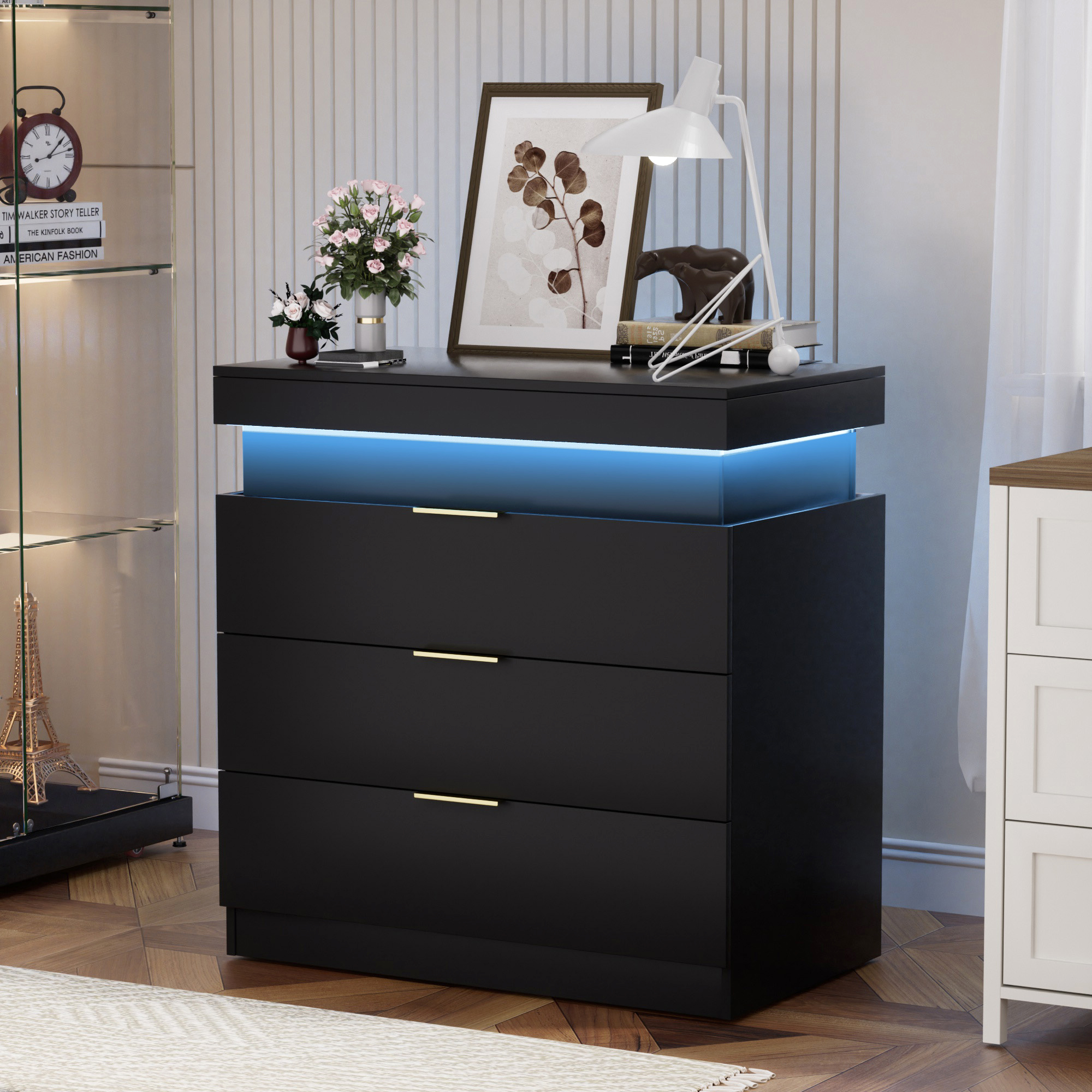 Nightstand with Charging Station and LED Lights,Night Stand with Sliding Top for Bedroom,Bedside Table with Drawers,Modern End Side Table,Black.28.8''W x 17''D x 30.5''H. - Image 3