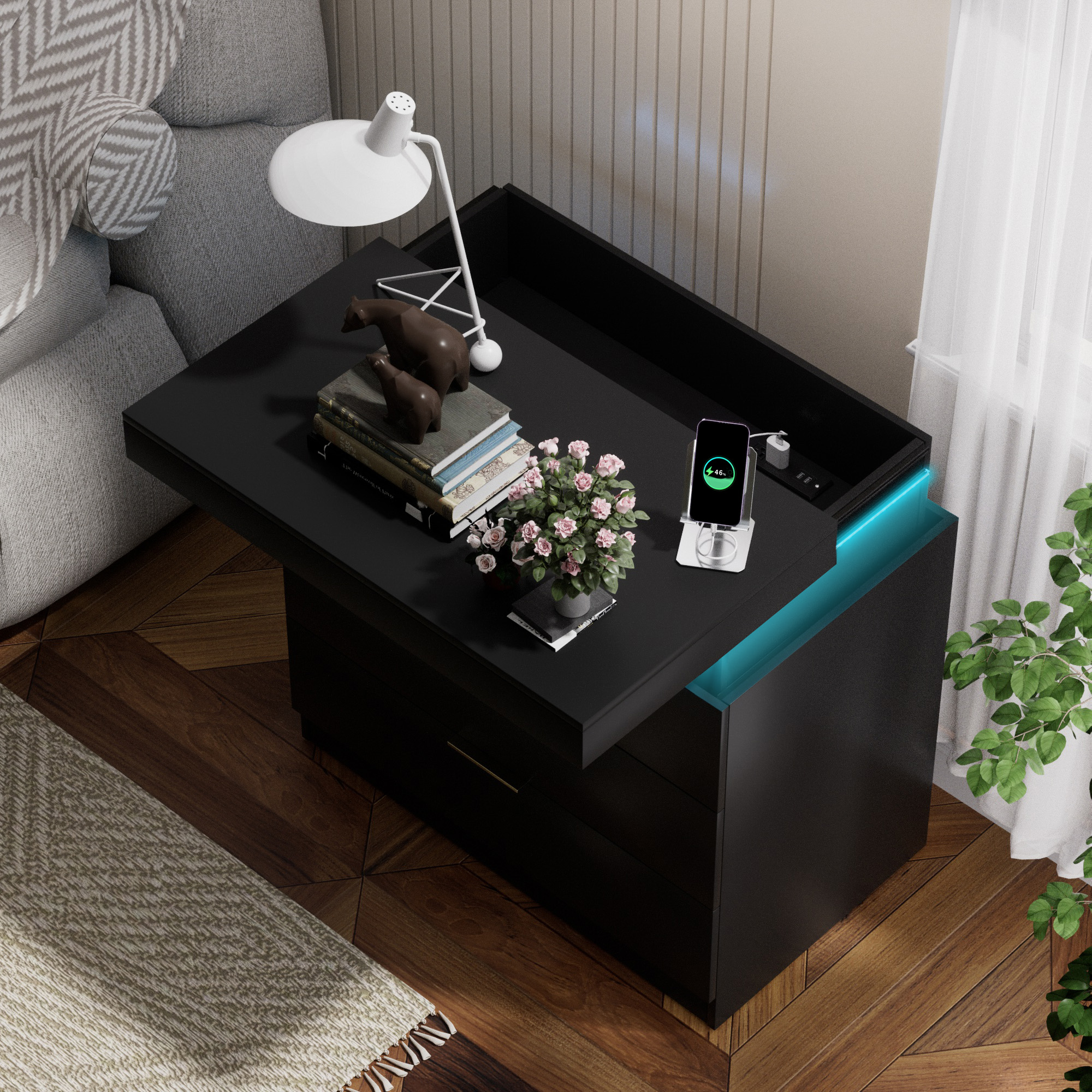 Nightstand with Charging Station and LED Lights,Night Stand with Sliding Top for Bedroom,Bedside Table with Drawers,Modern End Side Table,Black.28.8''W x 17''D x 30.5''H. - Image 4