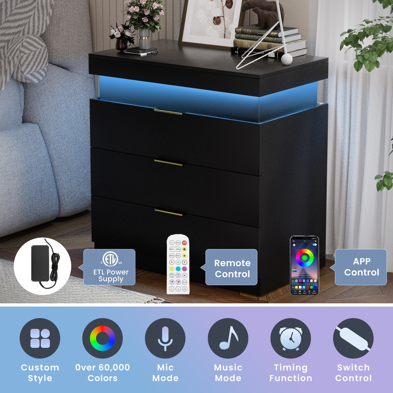 Nightstand with Charging Station and LED Lights,Night Stand with Sliding Top for Bedroom,Bedside Table with Drawers,Modern End Side Table,Black.28.8''W x 17''D x 30.5''H. - Image 5