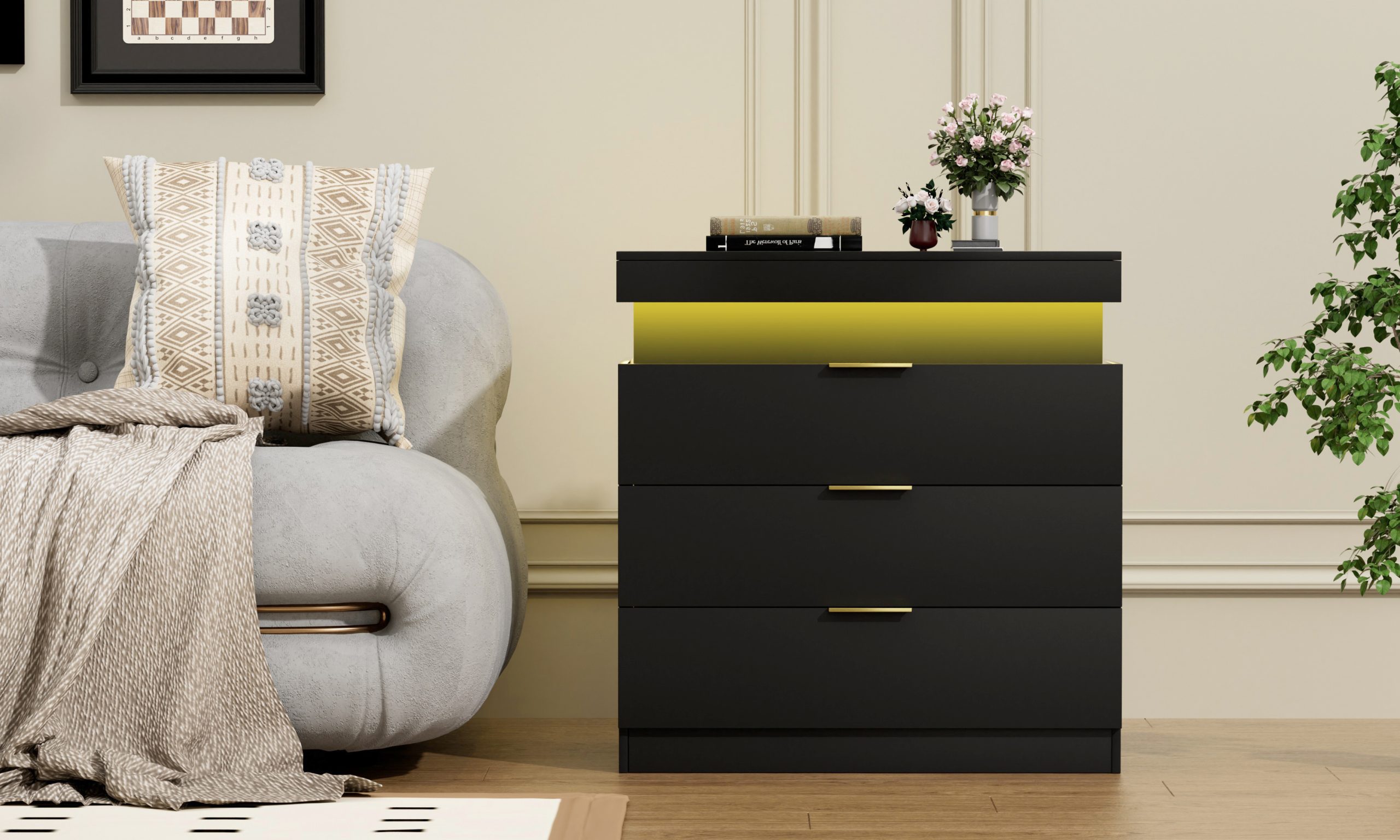 Nightstand with Charging Station and LED Lights,Night Stand with Sliding Top for Bedroom,Bedside Table with Drawers,Modern End Side Table,Black.28.8''W x 17''D x 30.5''H. - Image 6