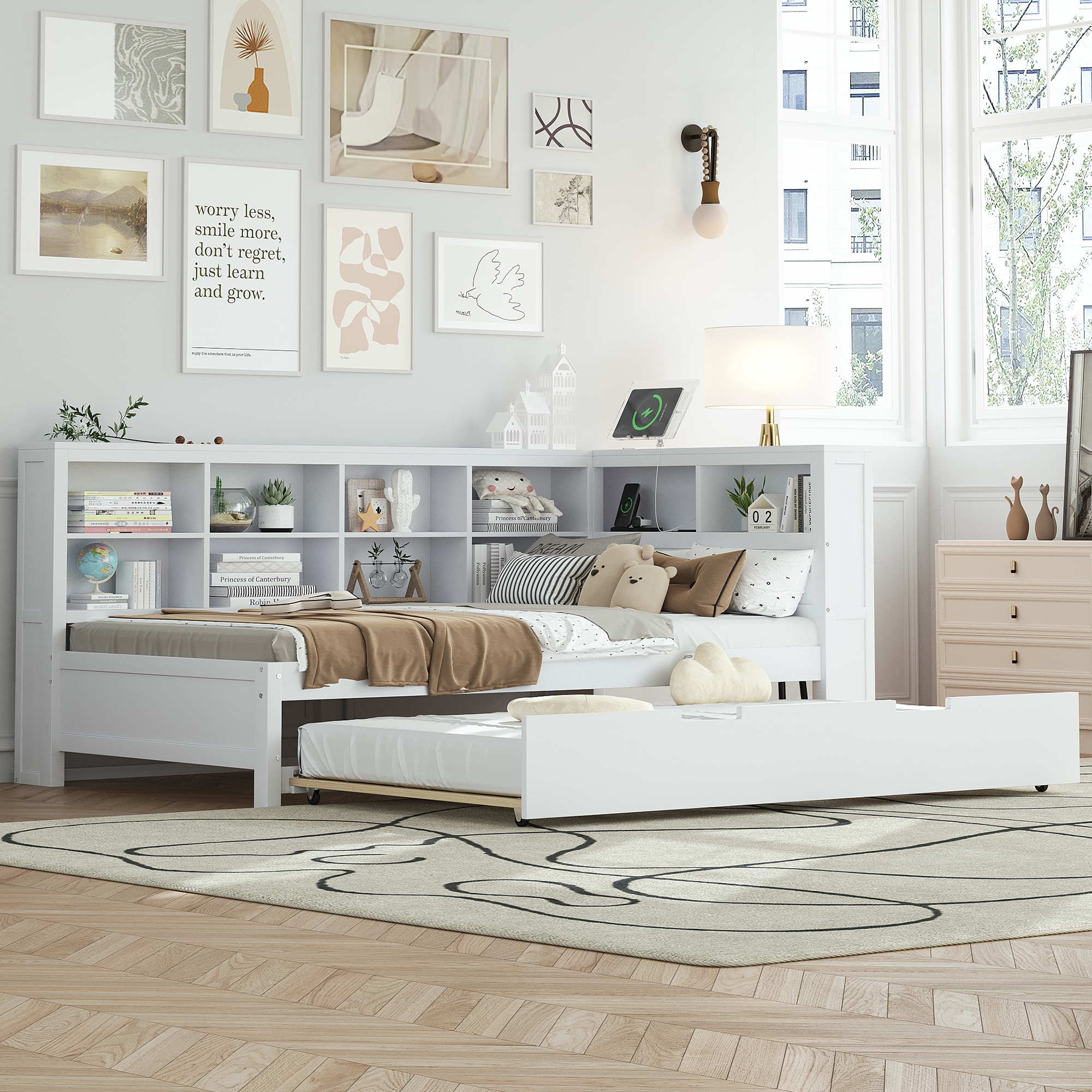 Wooden Twin Size DayBed with Twin Trundle, DayBed with Storage Shelf and USB Charging Ports,White(Old SKU: HL000074AAK) - Image 2