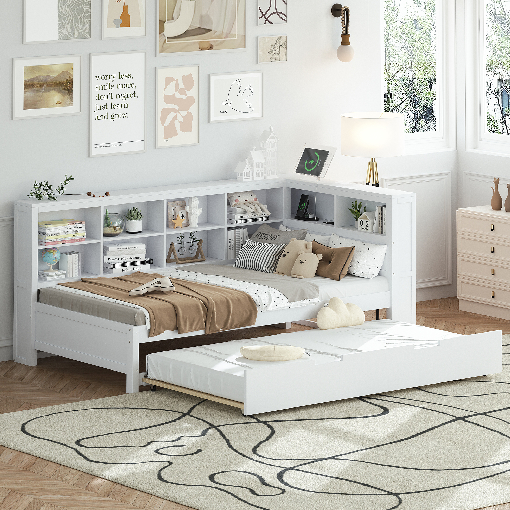 Wooden Twin Size DayBed with Twin Trundle, DayBed with Storage Shelf and USB Charging Ports,White(Old SKU: HL000074AAK) - Image 3