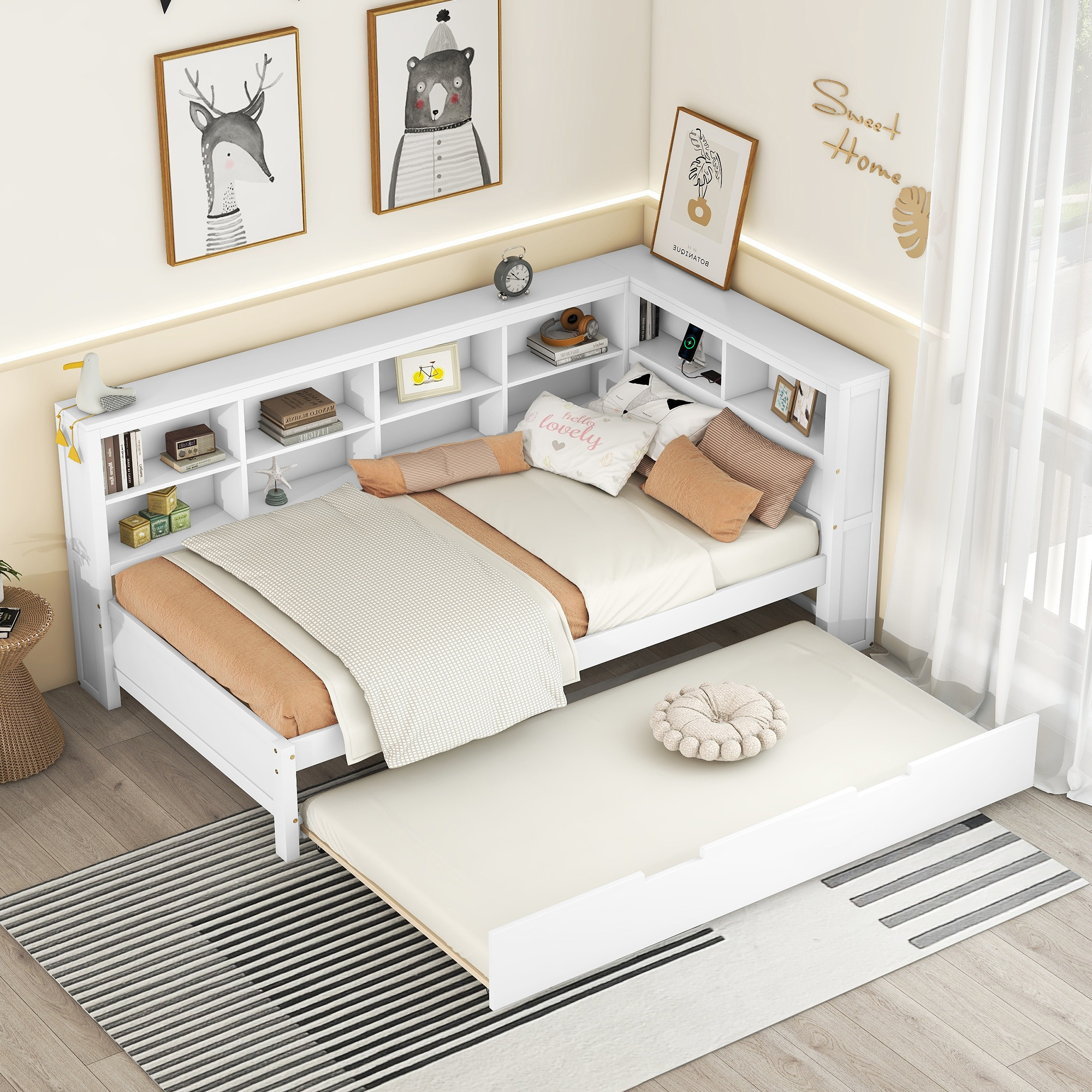 Wooden Twin Size DayBed with Twin Trundle, DayBed with Storage Shelf and USB Charging Ports,White(Old SKU: HL000074AAK) - Image 4