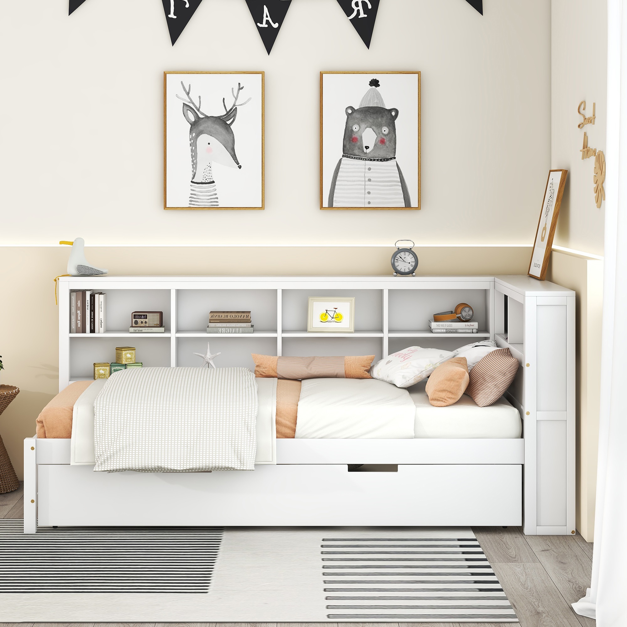Wooden Twin Size DayBed with Twin Trundle, DayBed with Storage Shelf and USB Charging Ports,White(Old SKU: HL000074AAK) - Image 5