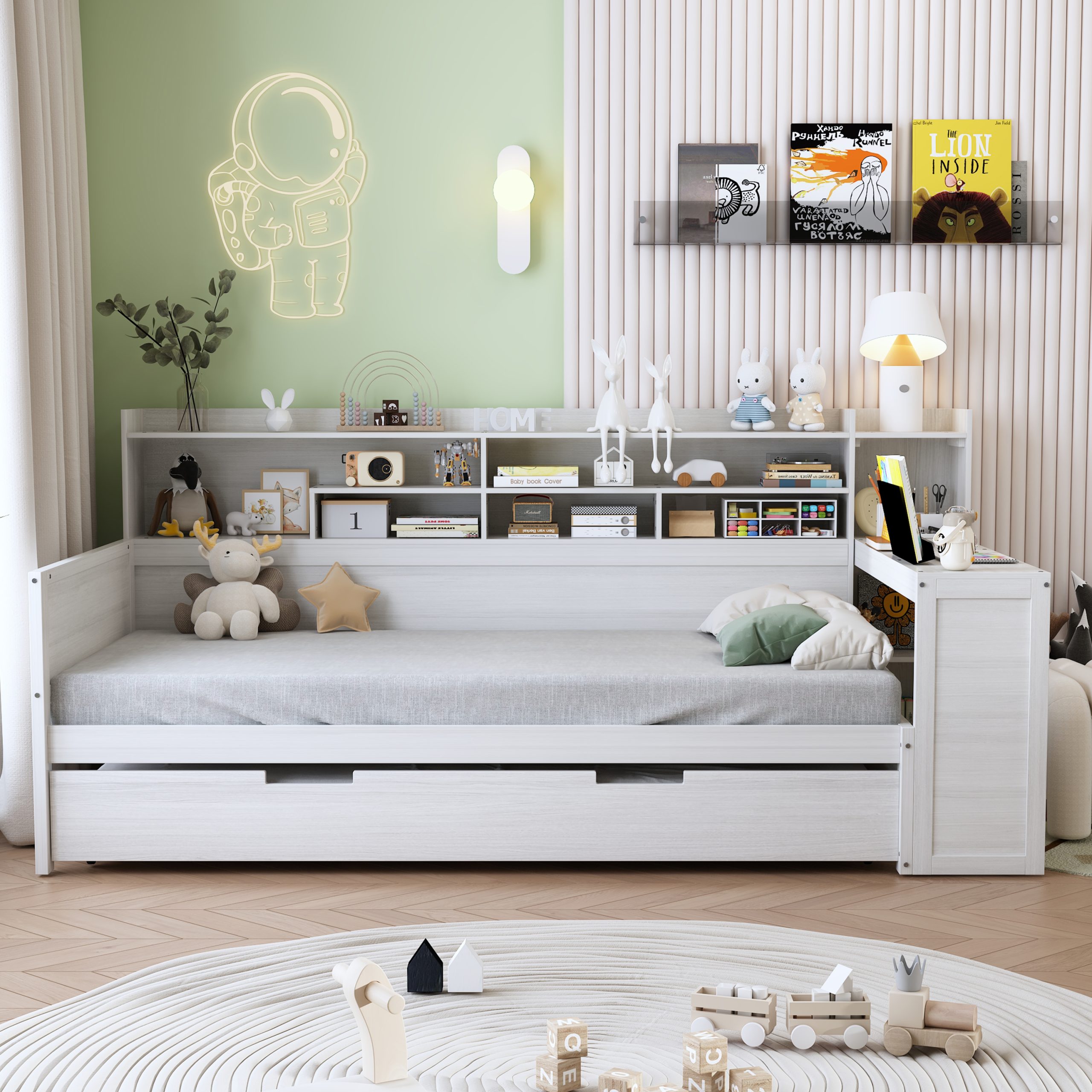 Wooden Twin Size Daybed with Storage Shelves, Multi-functional Bed with Twin Size Trundle Bed and Study Desk, Antique White(Old SKU: N733S242275K) - Image 2
