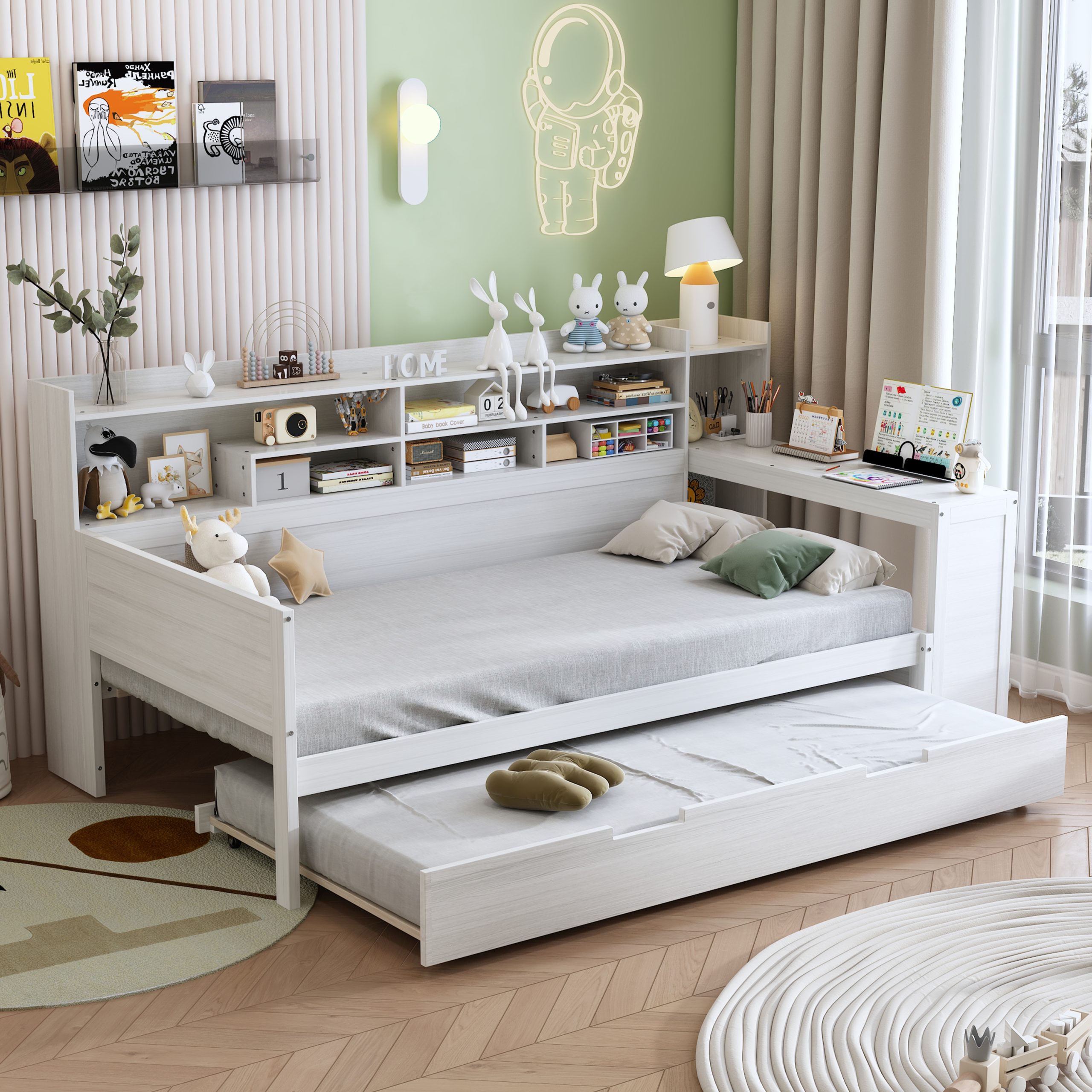 Wooden Twin Size Daybed with Storage Shelves, Multi-functional Bed with Twin Size Trundle Bed and Study Desk, Antique White(Old SKU: N733S242275K) - Image 3