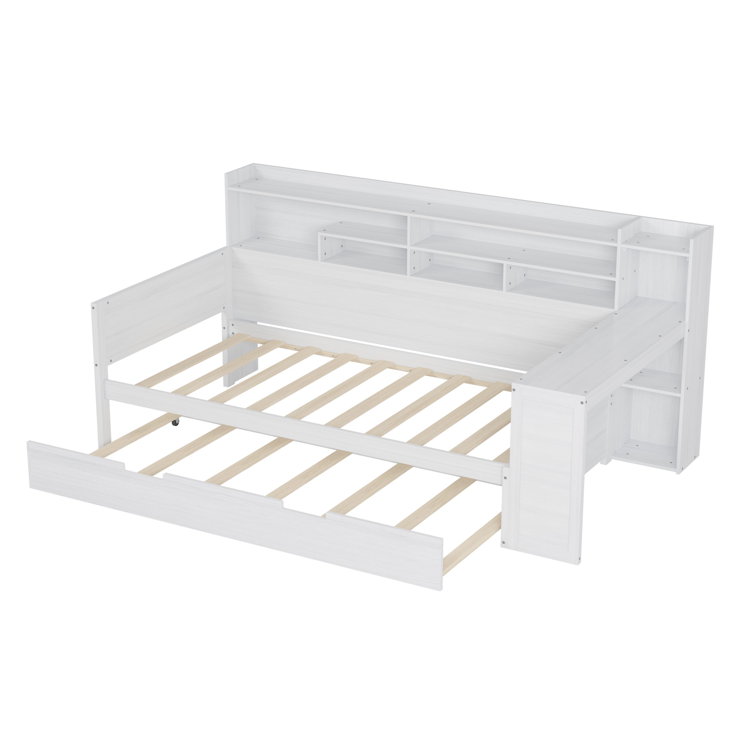 Wooden Twin Size Daybed with Storage Shelves, Multi-functional Bed with Twin Size Trundle Bed and Study Desk, Antique White(Old SKU: N733S242275K) - Image 4