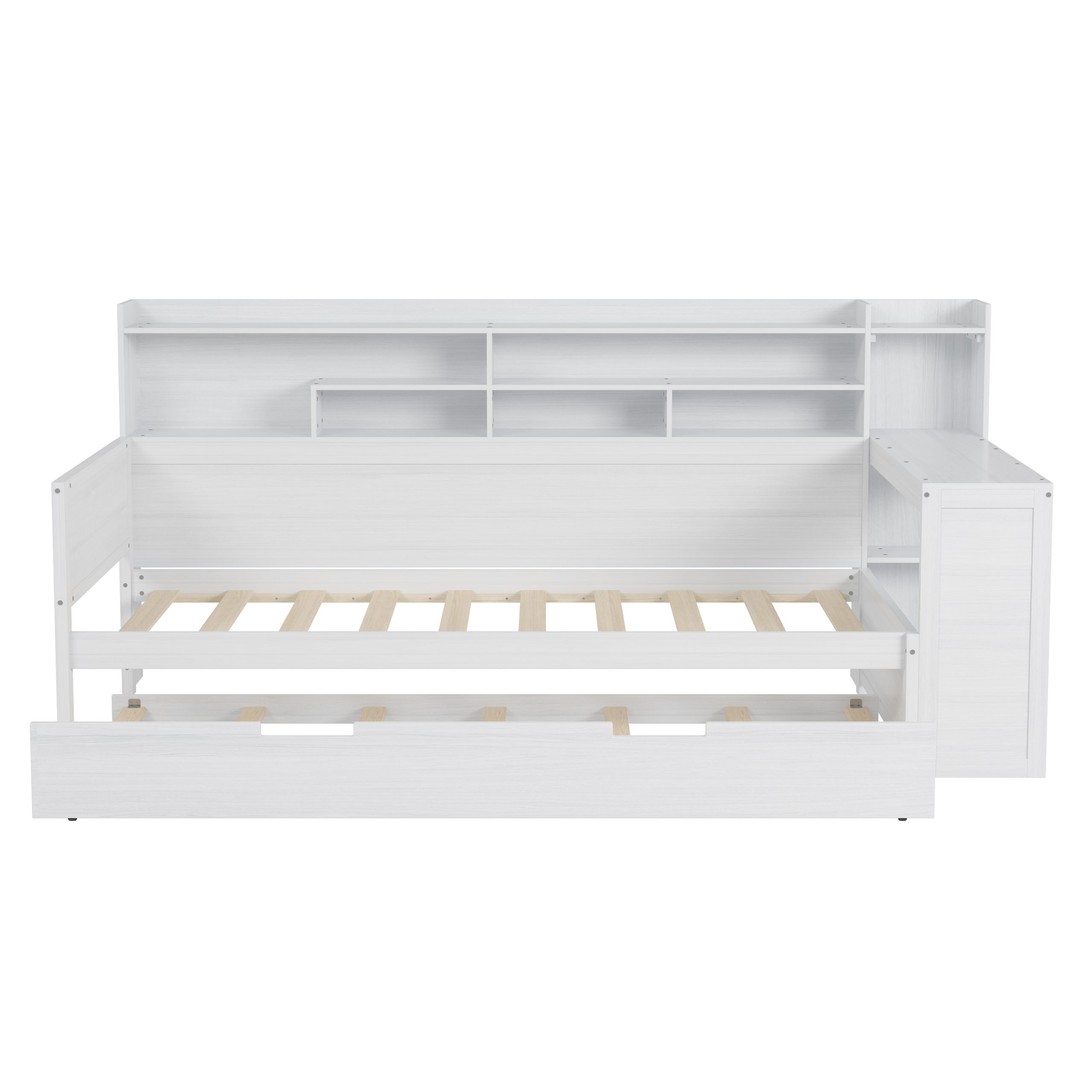 Wooden Twin Size Daybed with Storage Shelves, Multi-functional Bed with Twin Size Trundle Bed and Study Desk, Antique White(Old SKU: N733S242275K) - Image 5