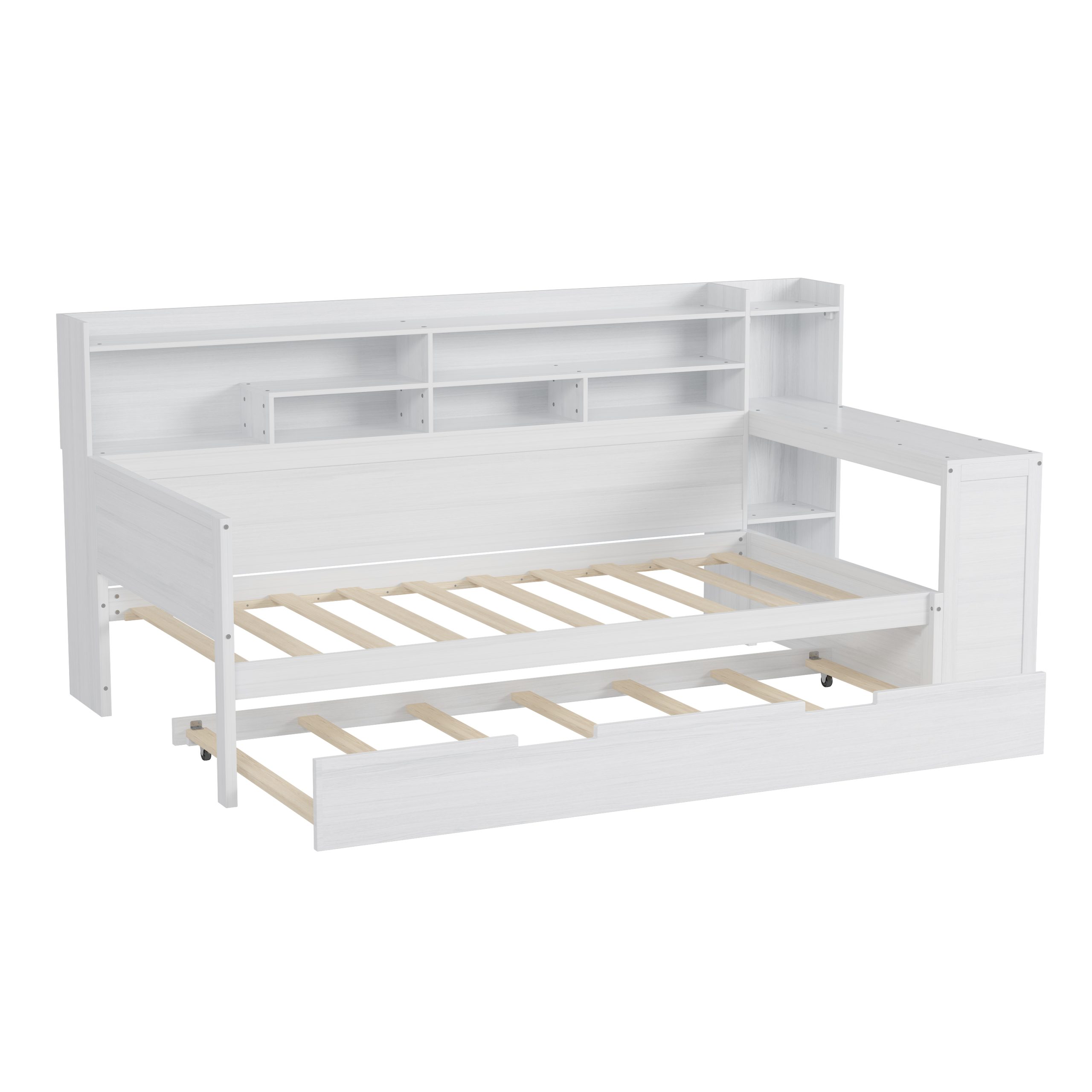 Wooden Twin Size Daybed with Storage Shelves, Multi-functional Bed with Twin Size Trundle Bed and Study Desk, Antique White(Old SKU: N733S242275K) - Image 6