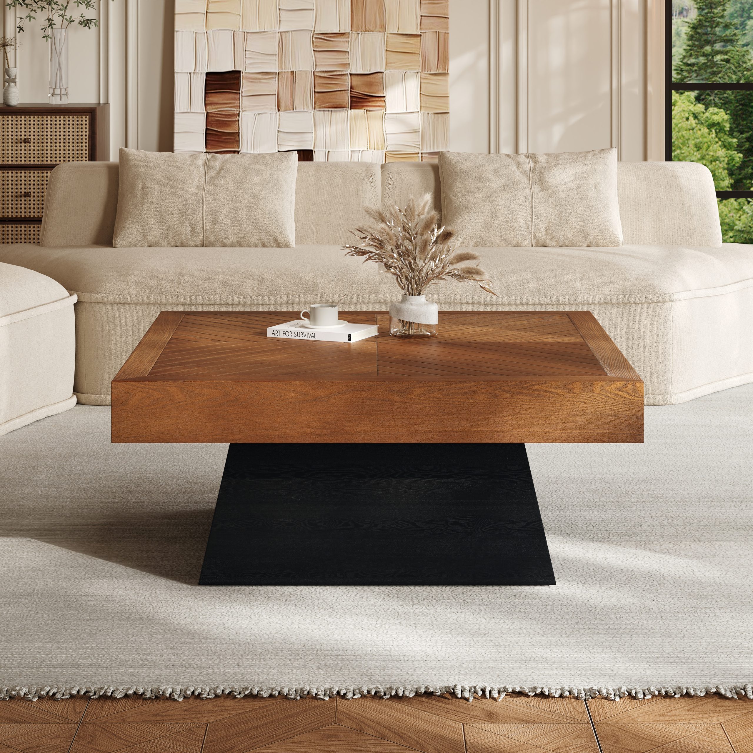 Modern Square Coffee Table for Living Room 31.5 Inch, Brown Wood Grain Top & Black Base, Mid-Century Farmhouse Style Center Accent Table - Image 3
