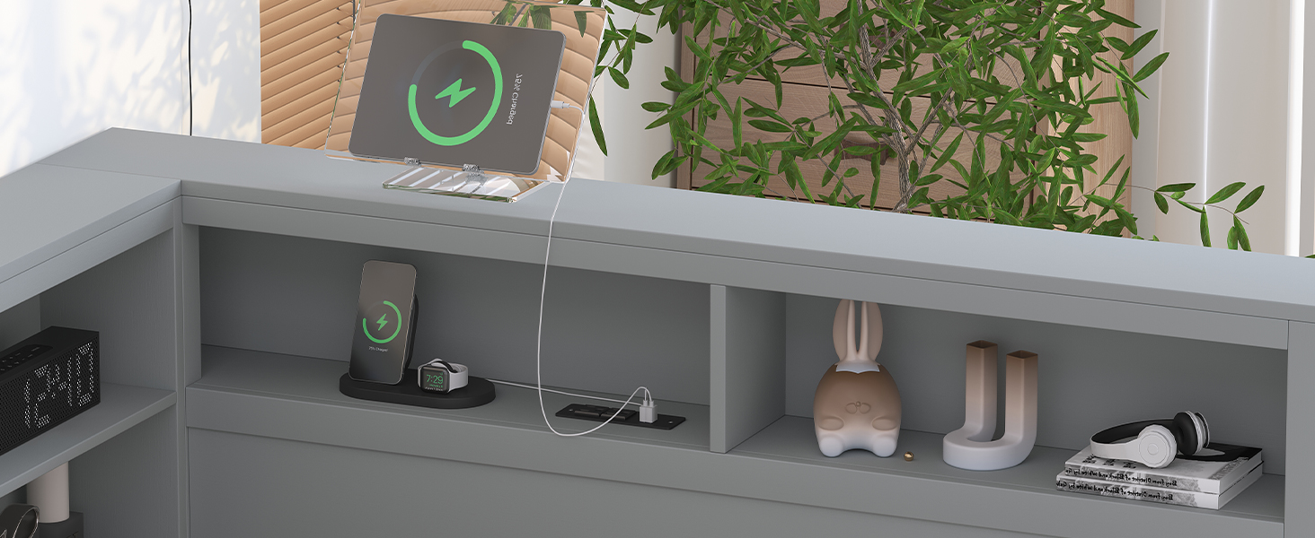 Wooden Full Size DayBed with Twin Size Trundle, DayBed with Storage Shelf and USB Charging Ports,Grey(Old SKU: HL000075AAE) - Image 3