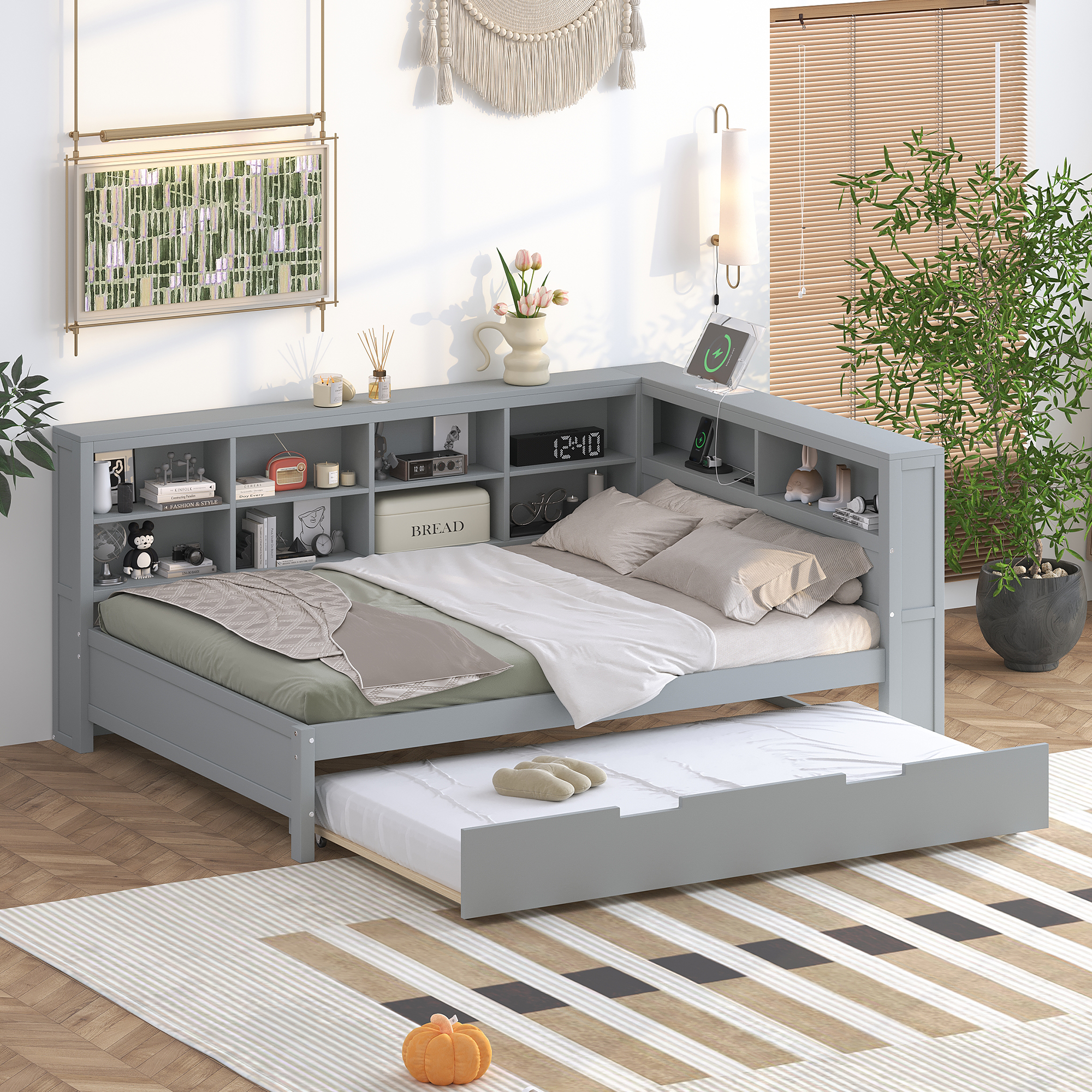 Wooden Full Size DayBed with Twin Size Trundle, DayBed with Storage Shelf and USB Charging Ports,Grey(Old SKU: HL000075AAE) - Image 4