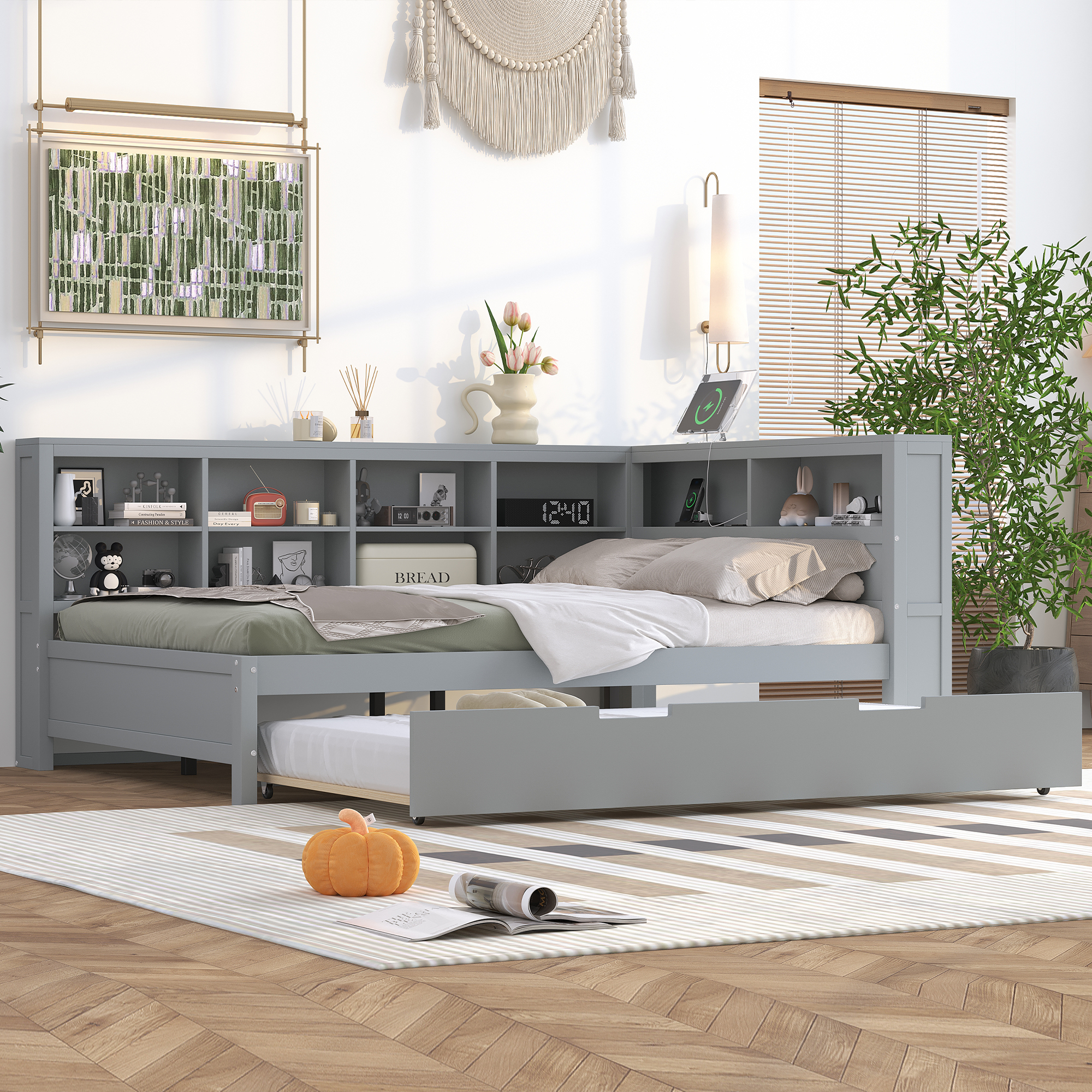 Wooden Full Size DayBed with Twin Size Trundle, DayBed with Storage Shelf and USB Charging Ports,Grey(Old SKU: HL000075AAE) - Image 5