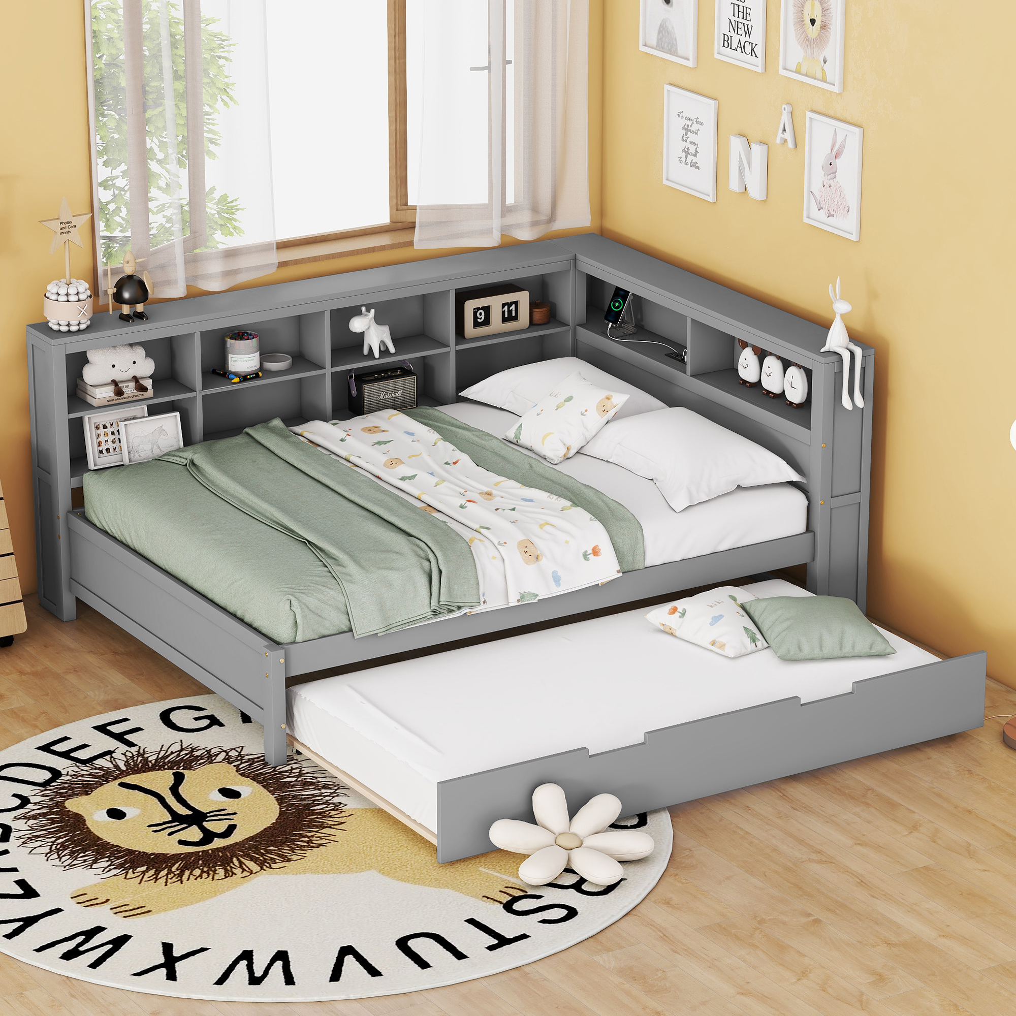 Wooden Full Size DayBed with Twin Size Trundle, DayBed with Storage Shelf and USB Charging Ports,Grey(Old SKU: HL000075AAE) - Image 6