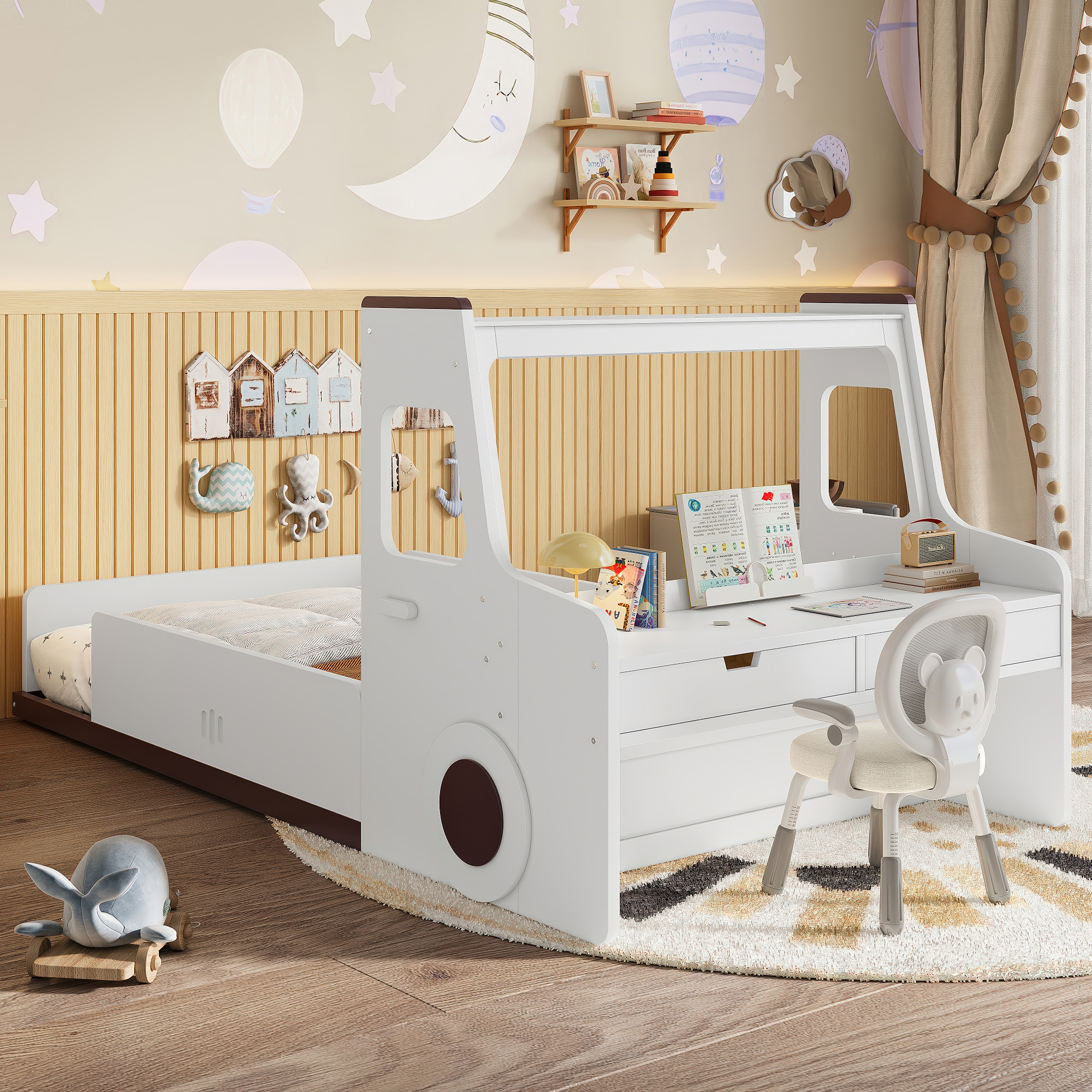 Twin Size Floor Bed with Interesting Car-shape Design, Kids Car Floor Bed with Storage Drawers, Window, and Desk, Childlike Design, White - Image 1