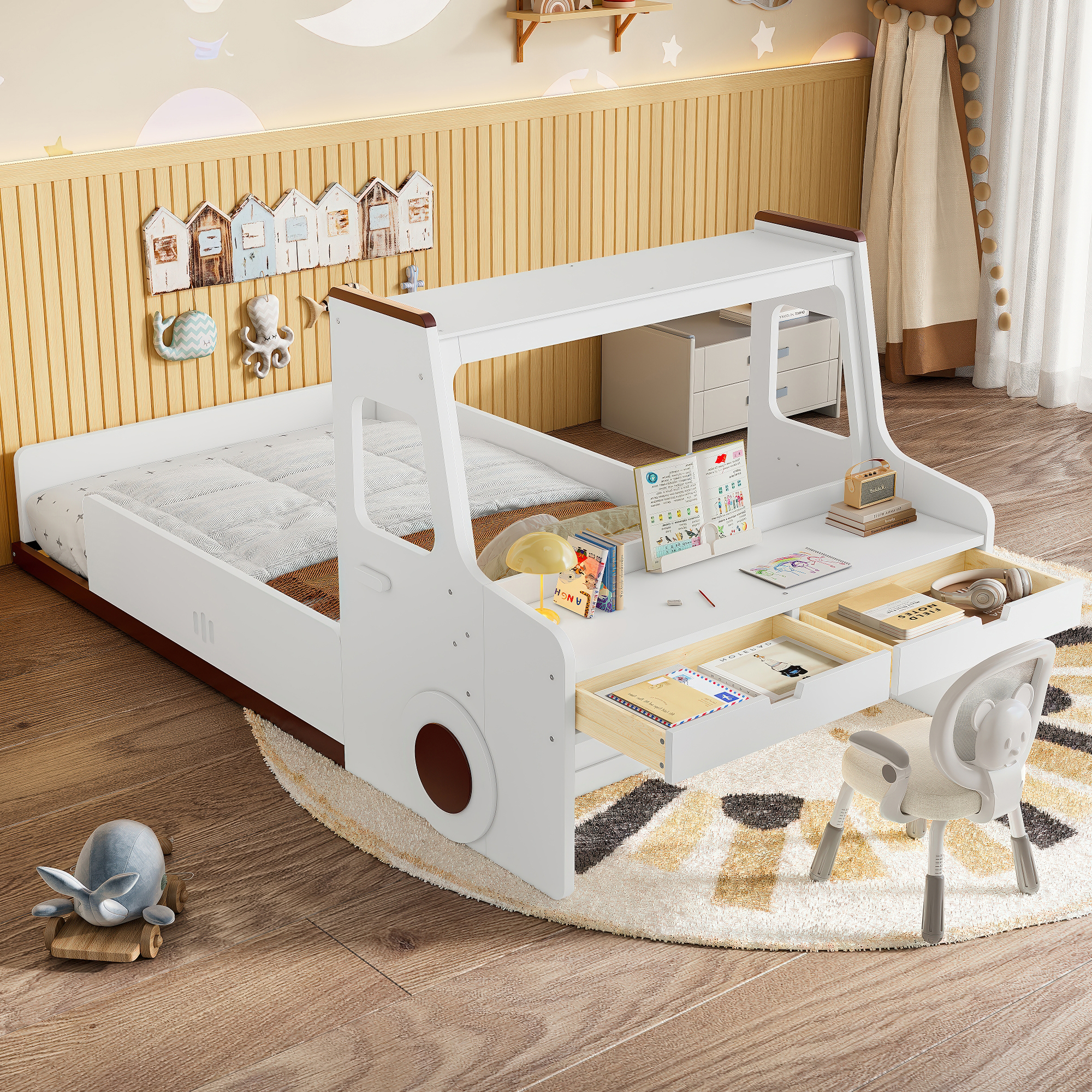 Twin Size Floor Bed with Interesting Car-shape Design, Kids Car Floor Bed with Storage Drawers, Window, and Desk, Childlike Design, White - Image 2