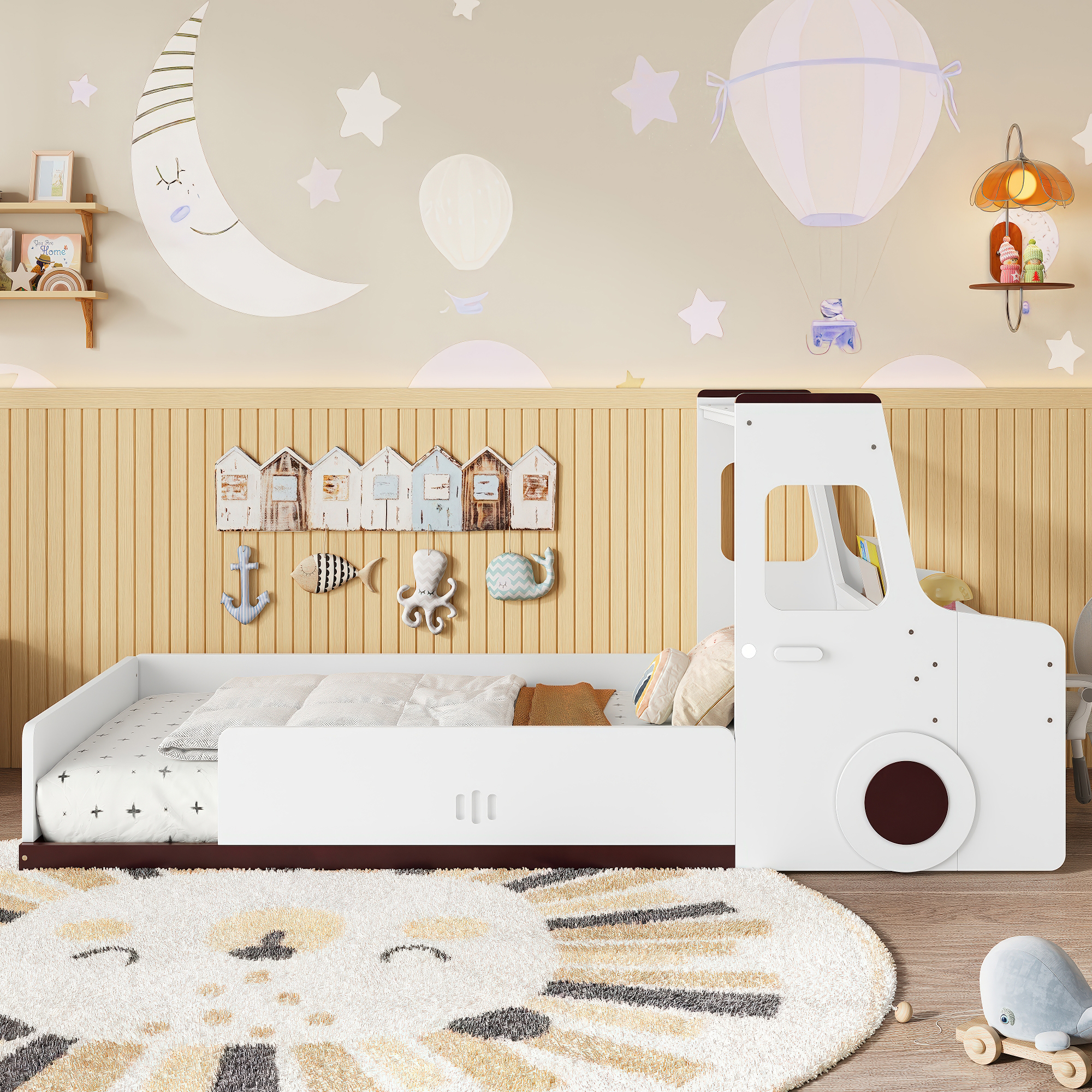 Twin Size Floor Bed with Interesting Car-shape Design, Kids Car Floor Bed with Storage Drawers, Window, and Desk, Childlike Design, White - Image 3