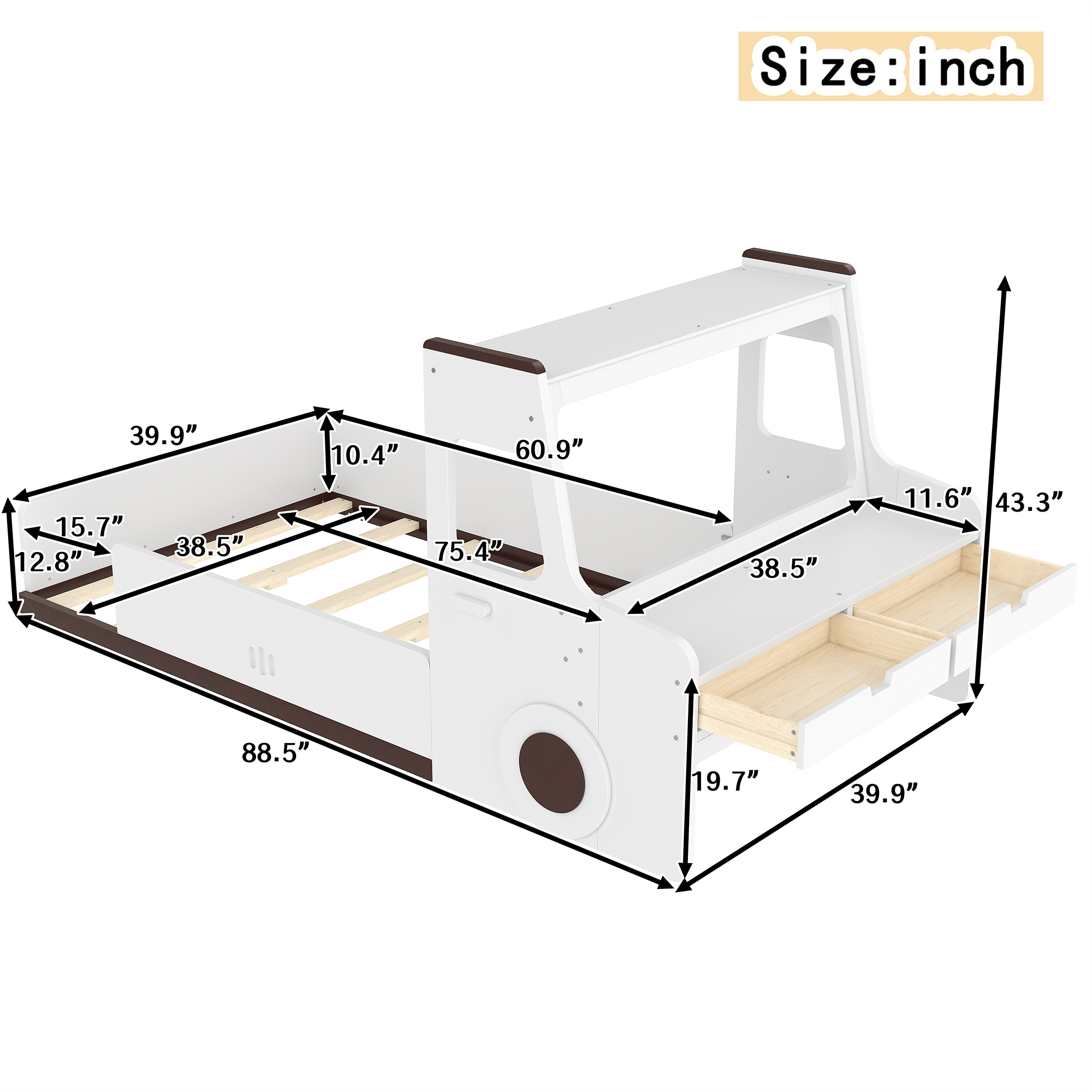 Twin Size Floor Bed with Interesting Car-shape Design, Kids Car Floor Bed with Storage Drawers, Window, and Desk, Childlike Design, White - Image 4