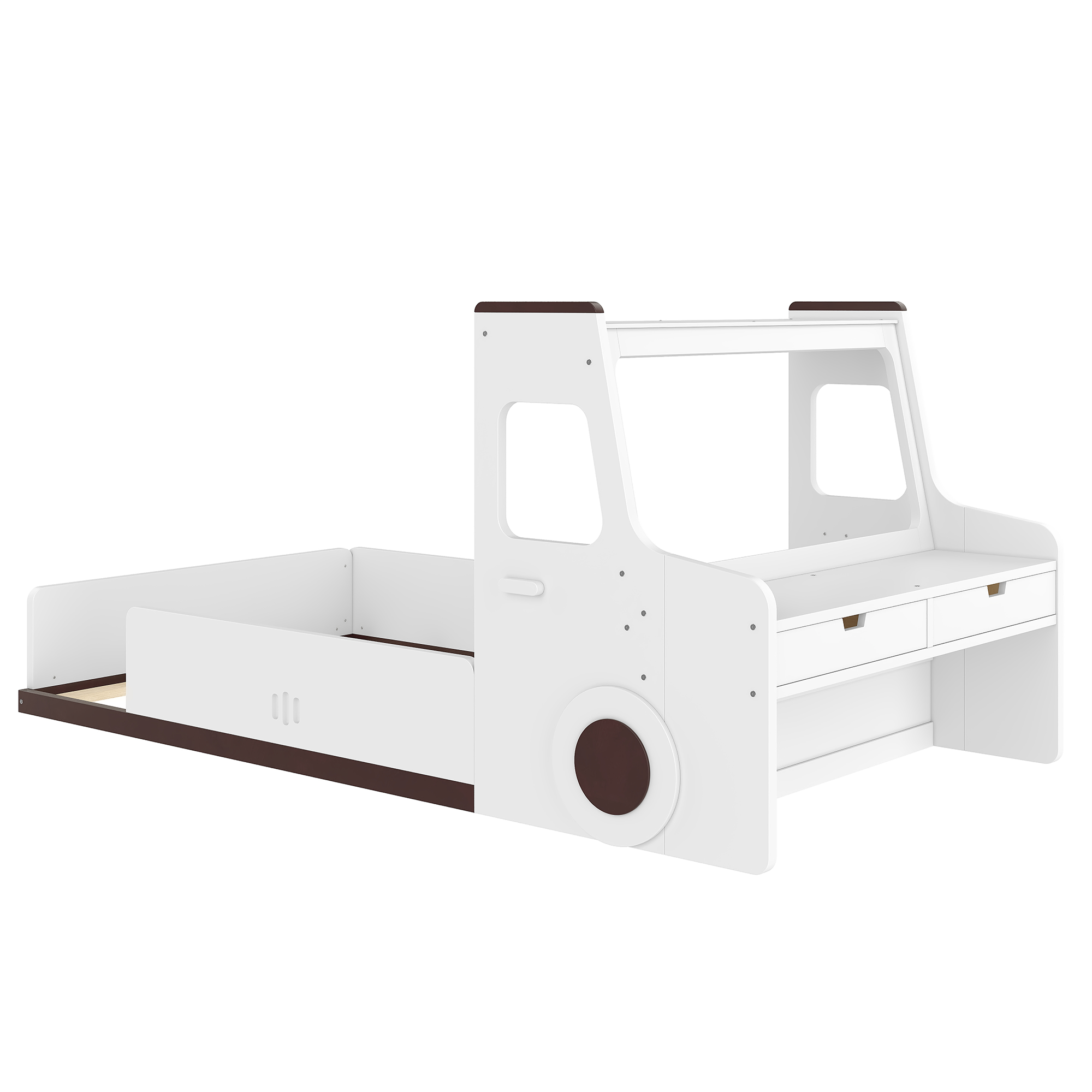 Twin Size Floor Bed with Interesting Car-shape Design, Kids Car Floor Bed with Storage Drawers, Window, and Desk, Childlike Design, White - Image 5