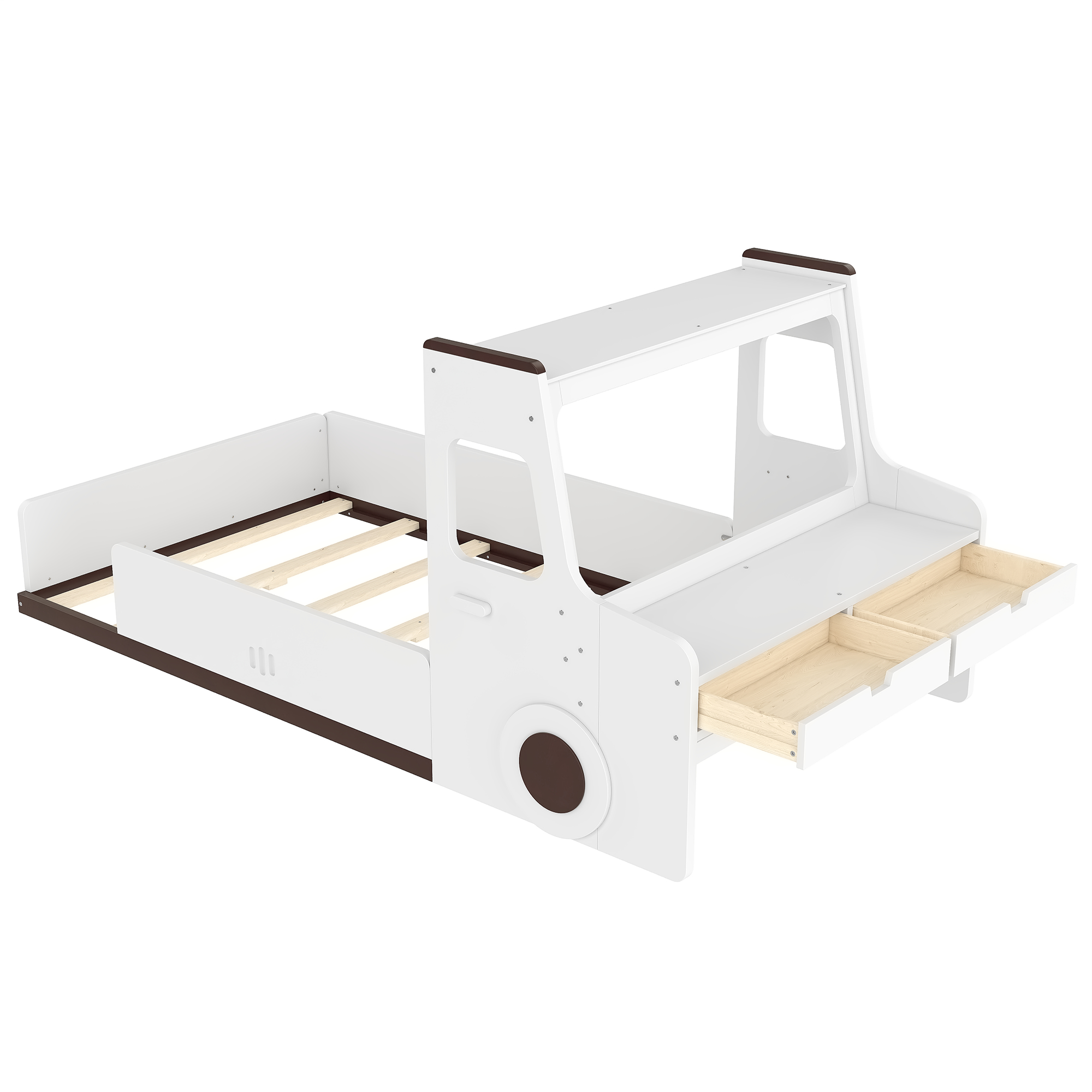Twin Size Floor Bed with Interesting Car-shape Design, Kids Car Floor Bed with Storage Drawers, Window, and Desk, Childlike Design, White - Image 6