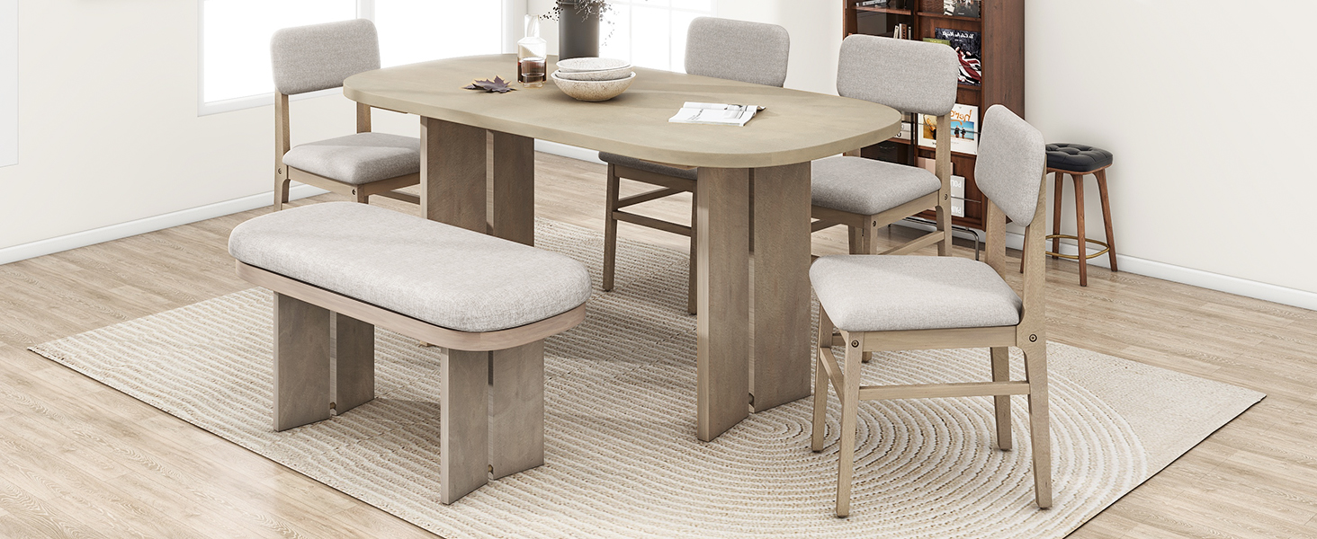 TOPMAX Solid Wood Dining Table Set with Bench - 6-Piece Upholstered Rectangular Dining Room Table Set with Bench, 2-Color Modern Farmhouse Kitchen Furniture for Family Gatherings,Natural - Image 3