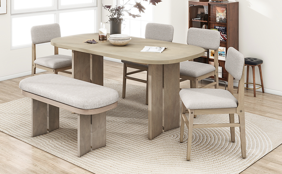 TOPMAX Solid Wood Dining Table Set with Bench - 6-Piece Upholstered Rectangular Dining Room Table Set with Bench, 2-Color Modern Farmhouse Kitchen Furniture for Family Gatherings,Natural - Image 4