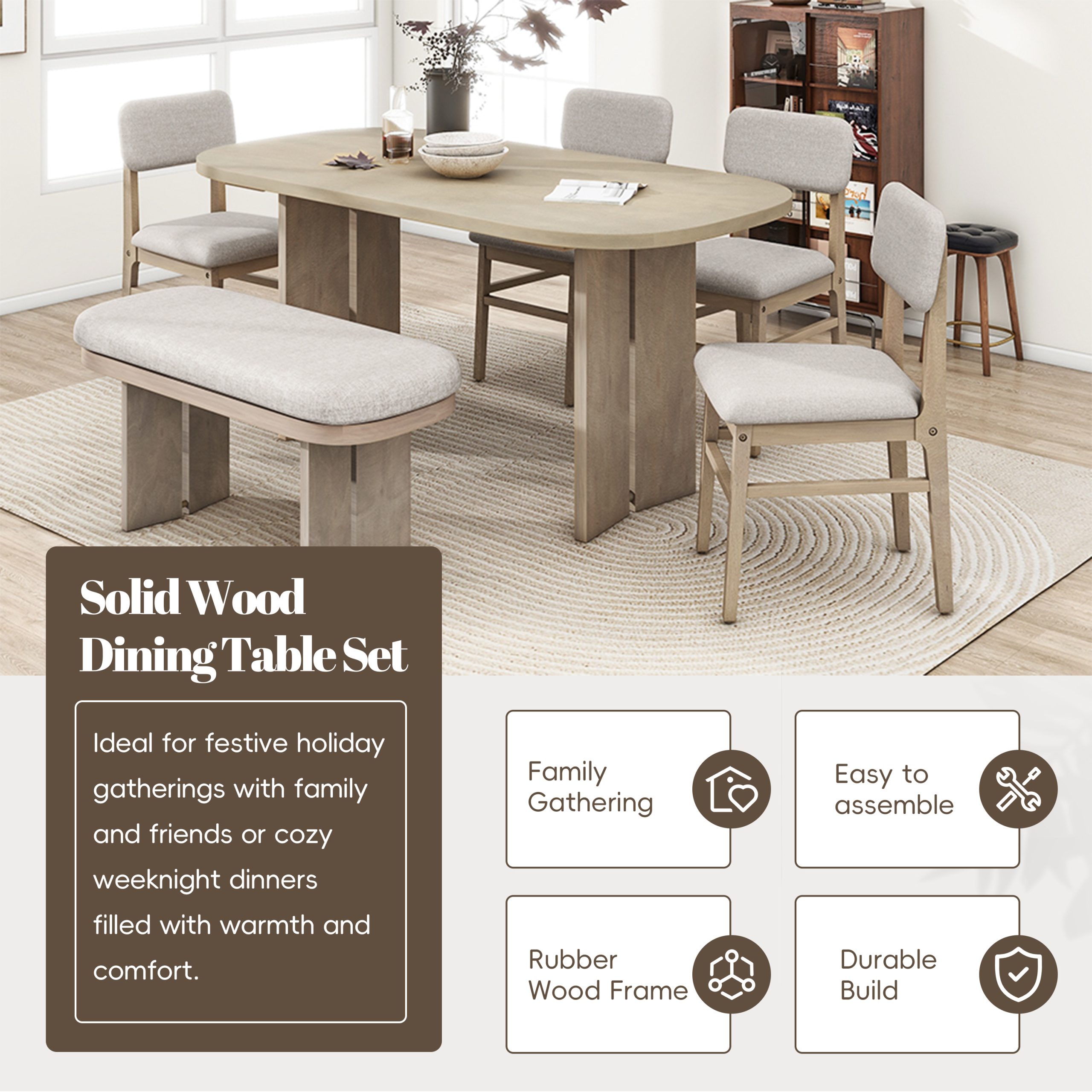 TOPMAX Solid Wood Dining Table Set with Bench - 6-Piece Upholstered Rectangular Dining Room Table Set with Bench, 2-Color Modern Farmhouse Kitchen Furniture for Family Gatherings,Natural - Image 5