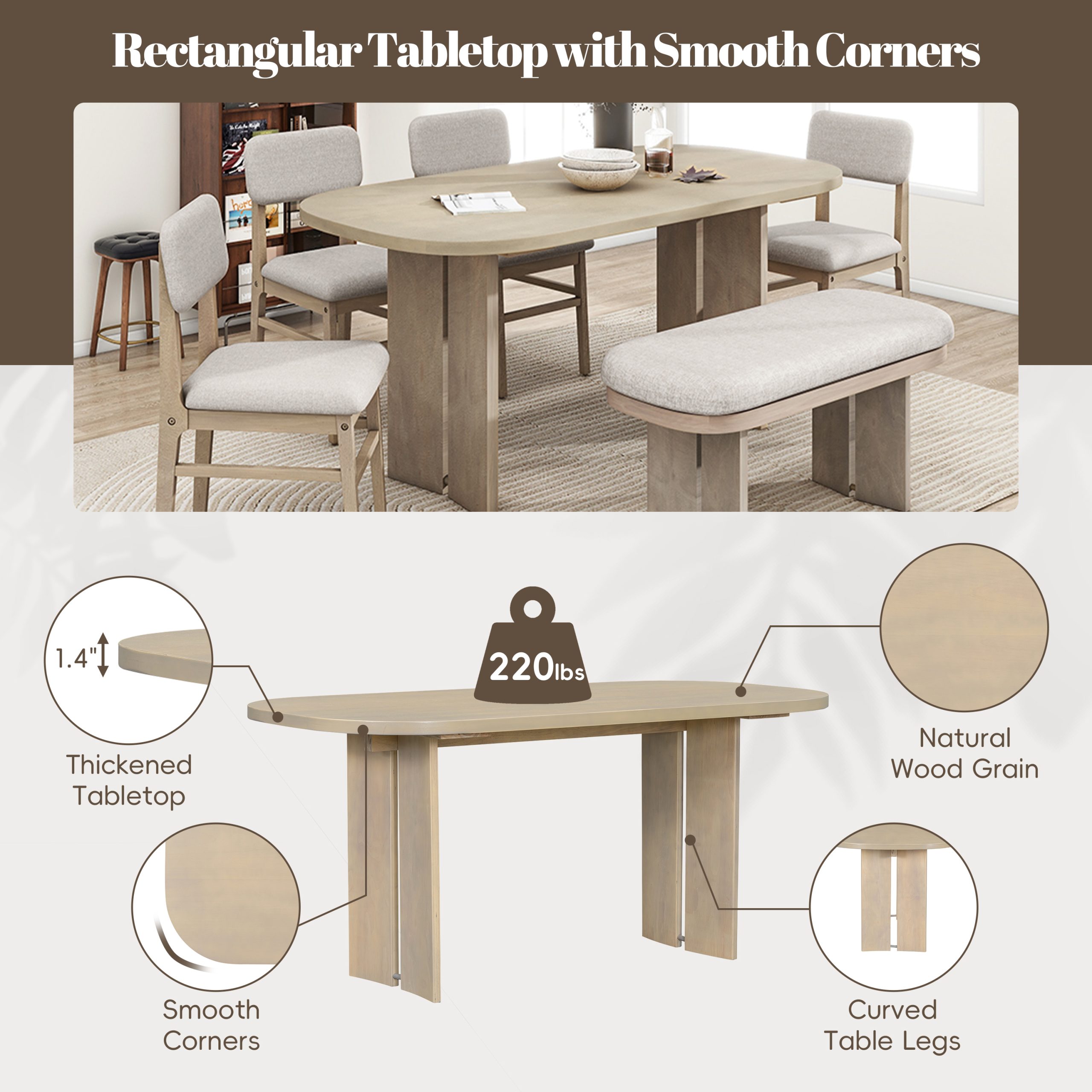 TOPMAX Solid Wood Dining Table Set with Bench - 6-Piece Upholstered Rectangular Dining Room Table Set with Bench, 2-Color Modern Farmhouse Kitchen Furniture for Family Gatherings,Natural - Image 6