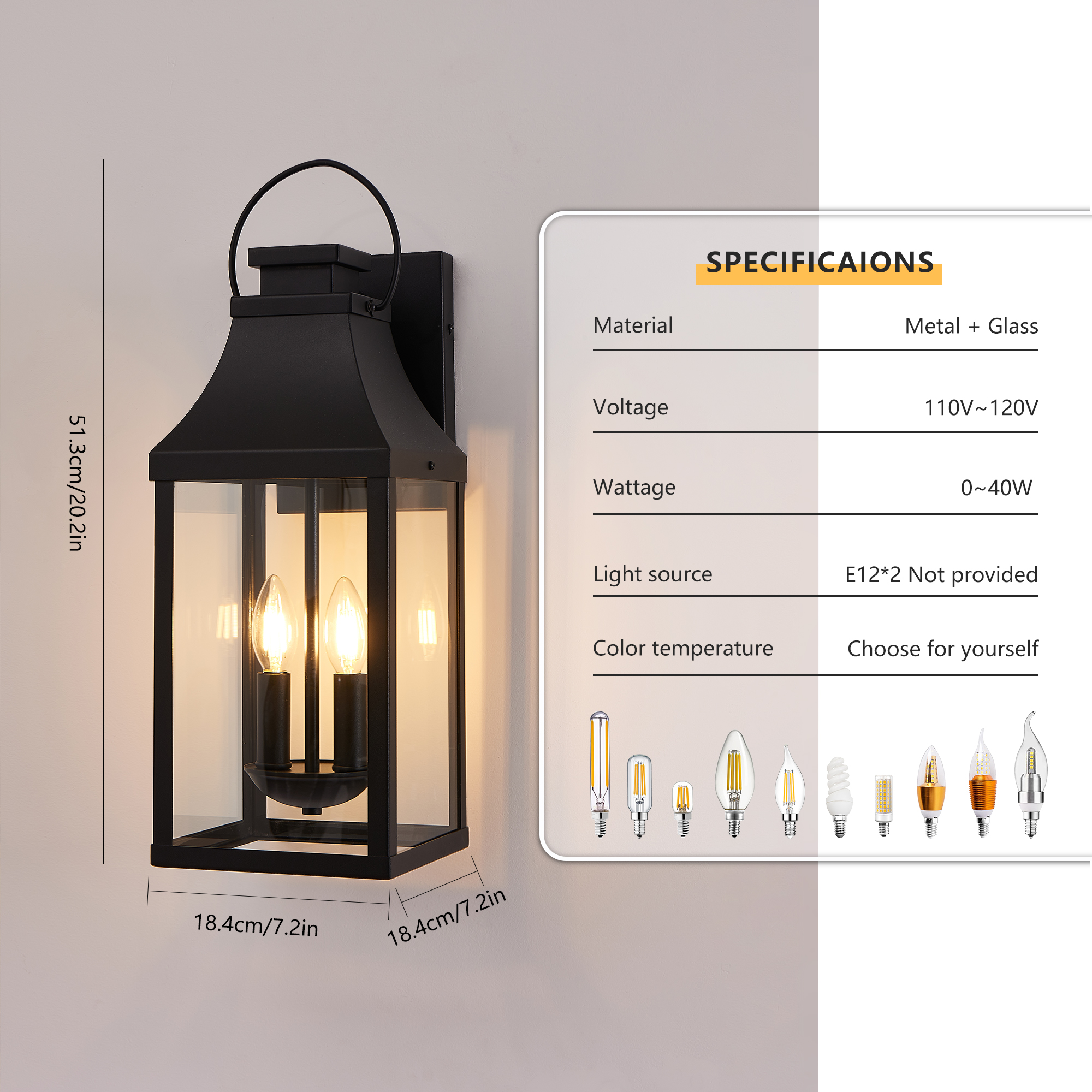 20'' Outdoor Wall Light, Porch Light Outdoor Wall Sconce Lantern, 2-Light Modern Black Exterior Lighting Fixture Wall Mount, Outside Light for House Garage, 1-Pack - Image 6